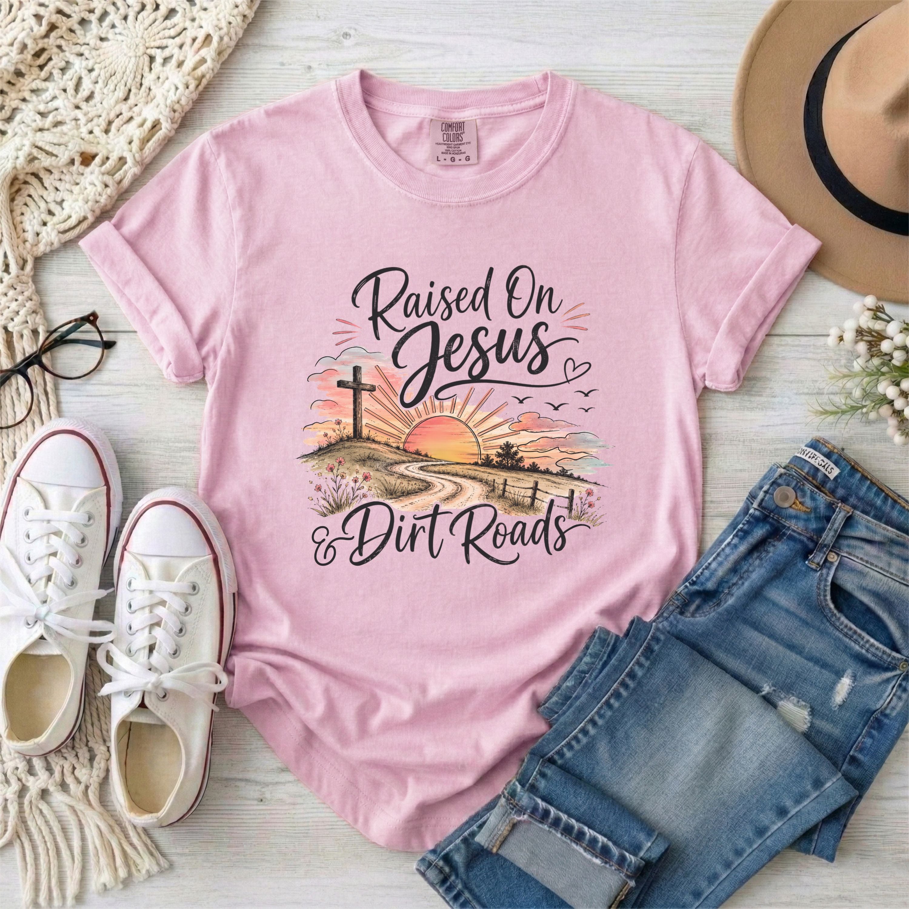 Raised on Jesus and Dirt Roads Christian T-shirt