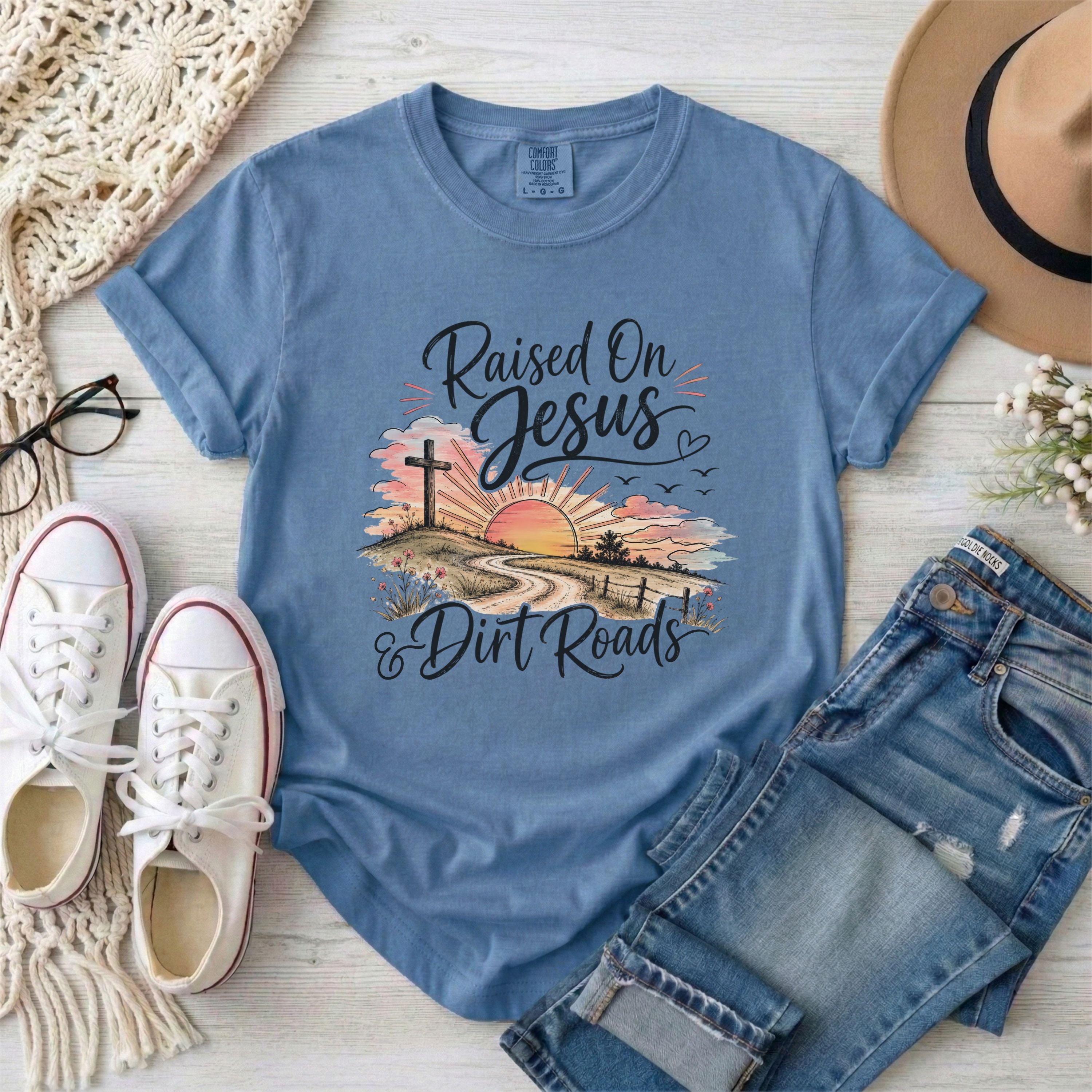 Raised on Jesus and Dirt Roads Christian T-shirt