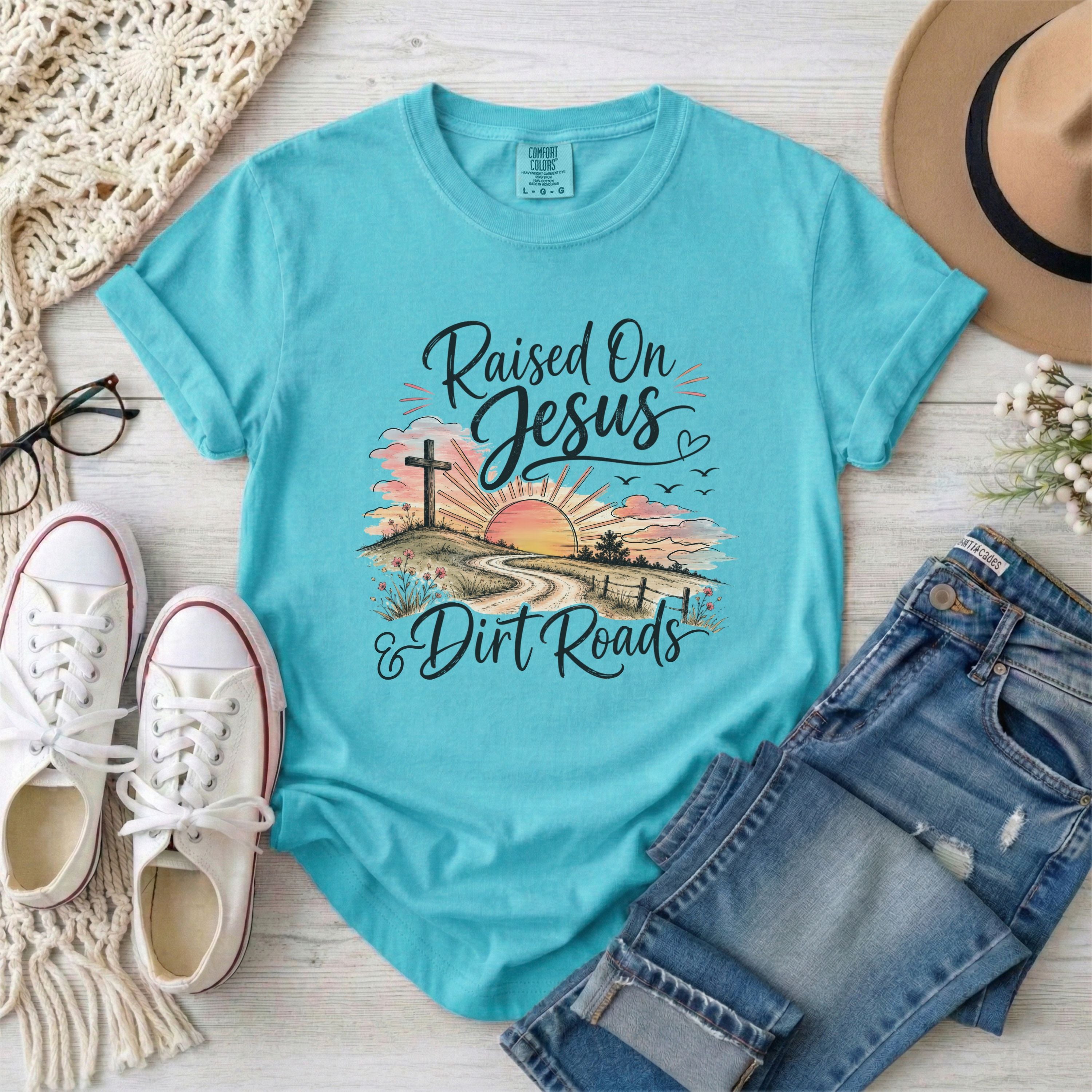 Raised on Jesus and Dirt Roads Christian T-shirt