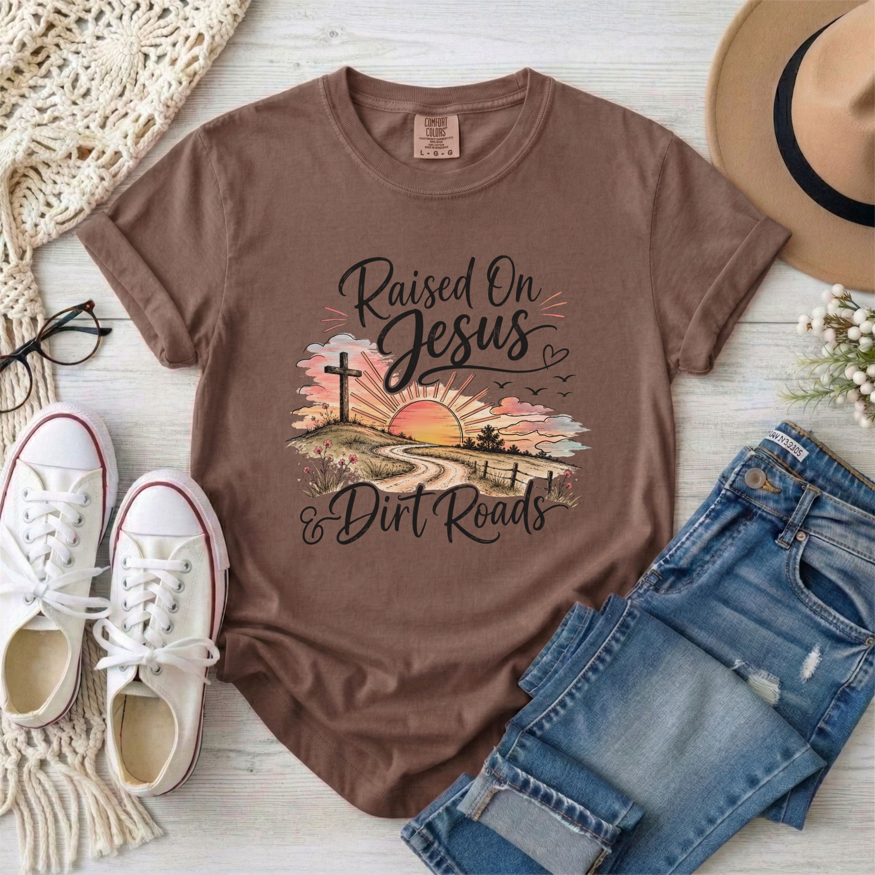 Raised on Jesus and Dirt Roads Christian T-shirt
