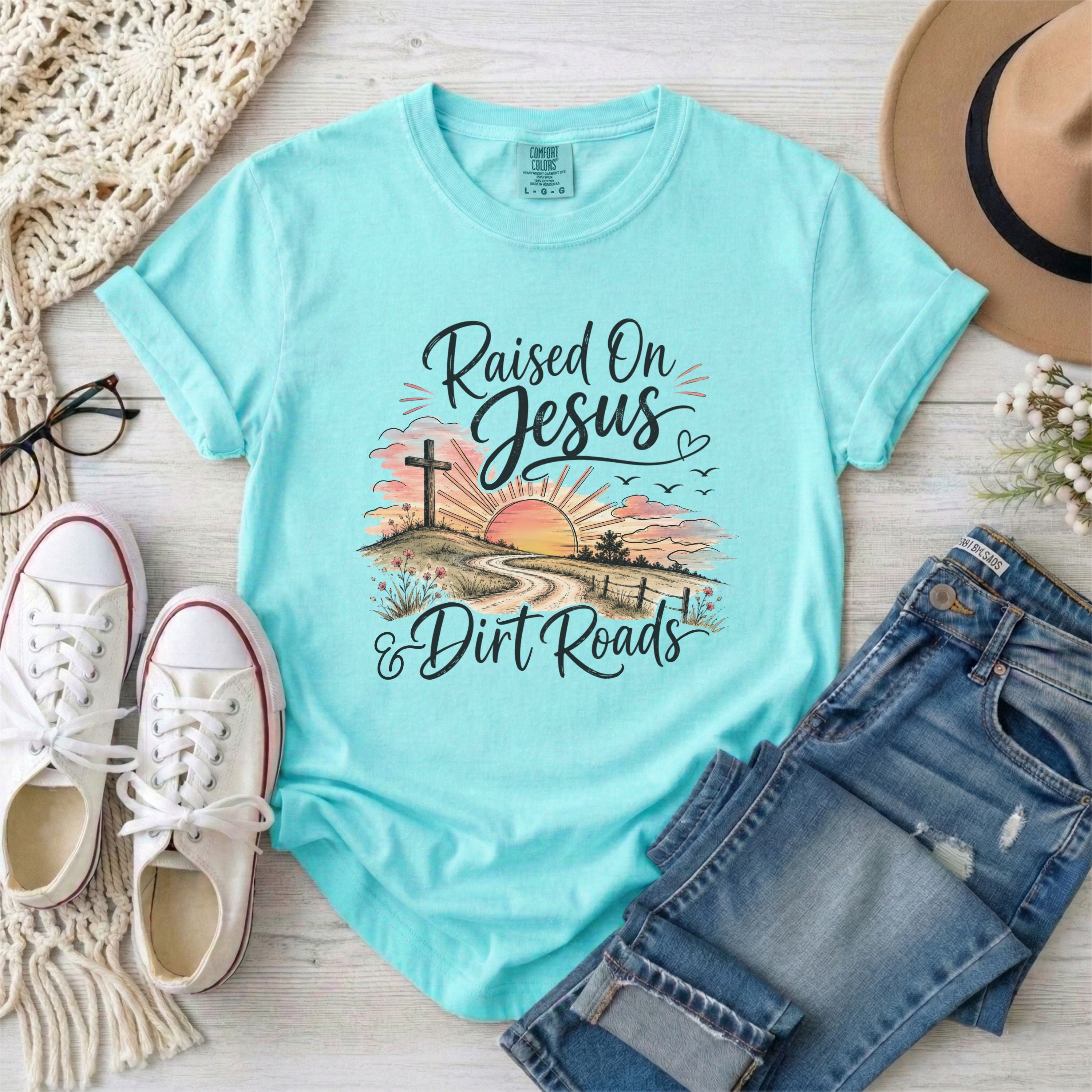 Raised on Jesus and Dirt Roads Christian T-shirt