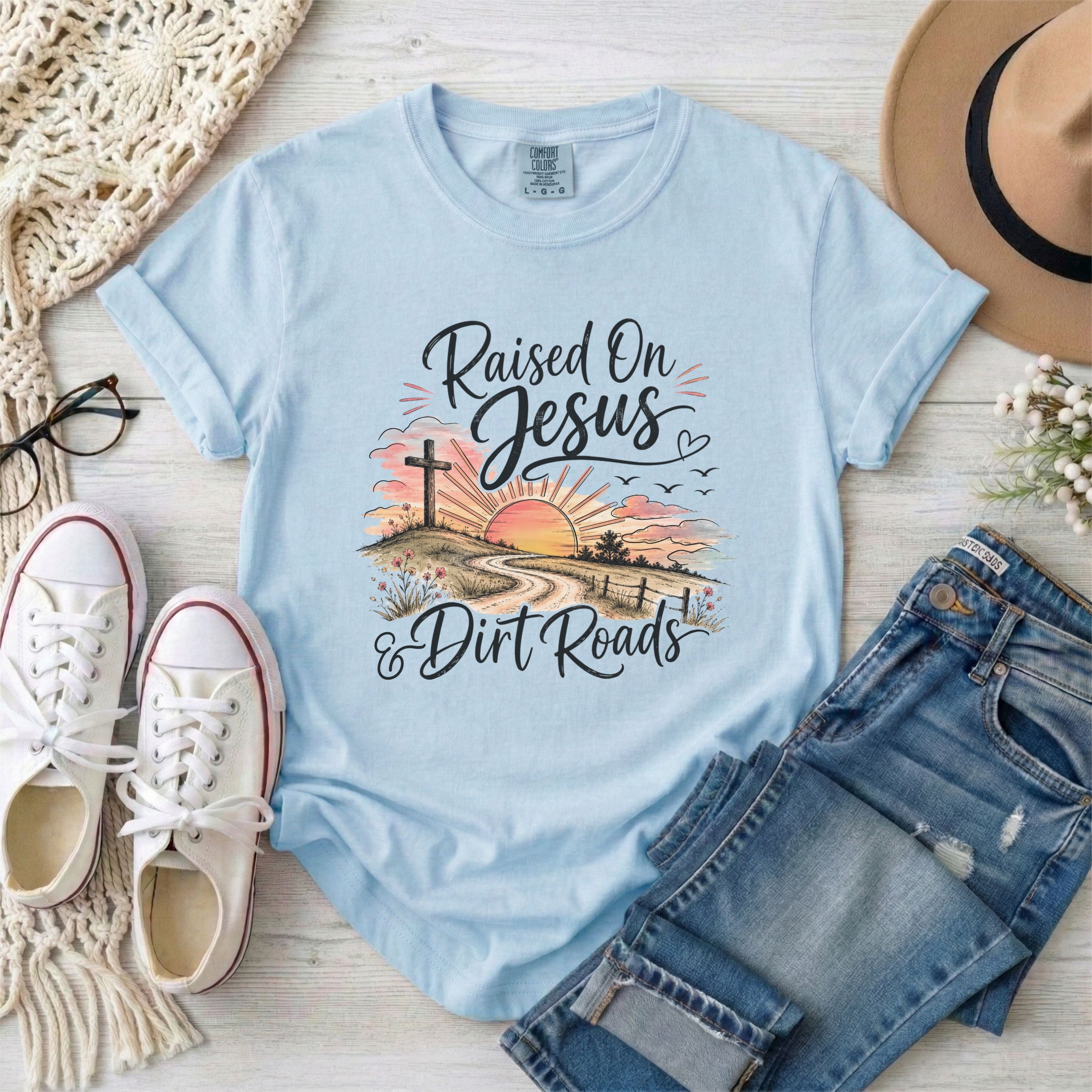 Raised on Jesus and Dirt Roads Christian T-shirt