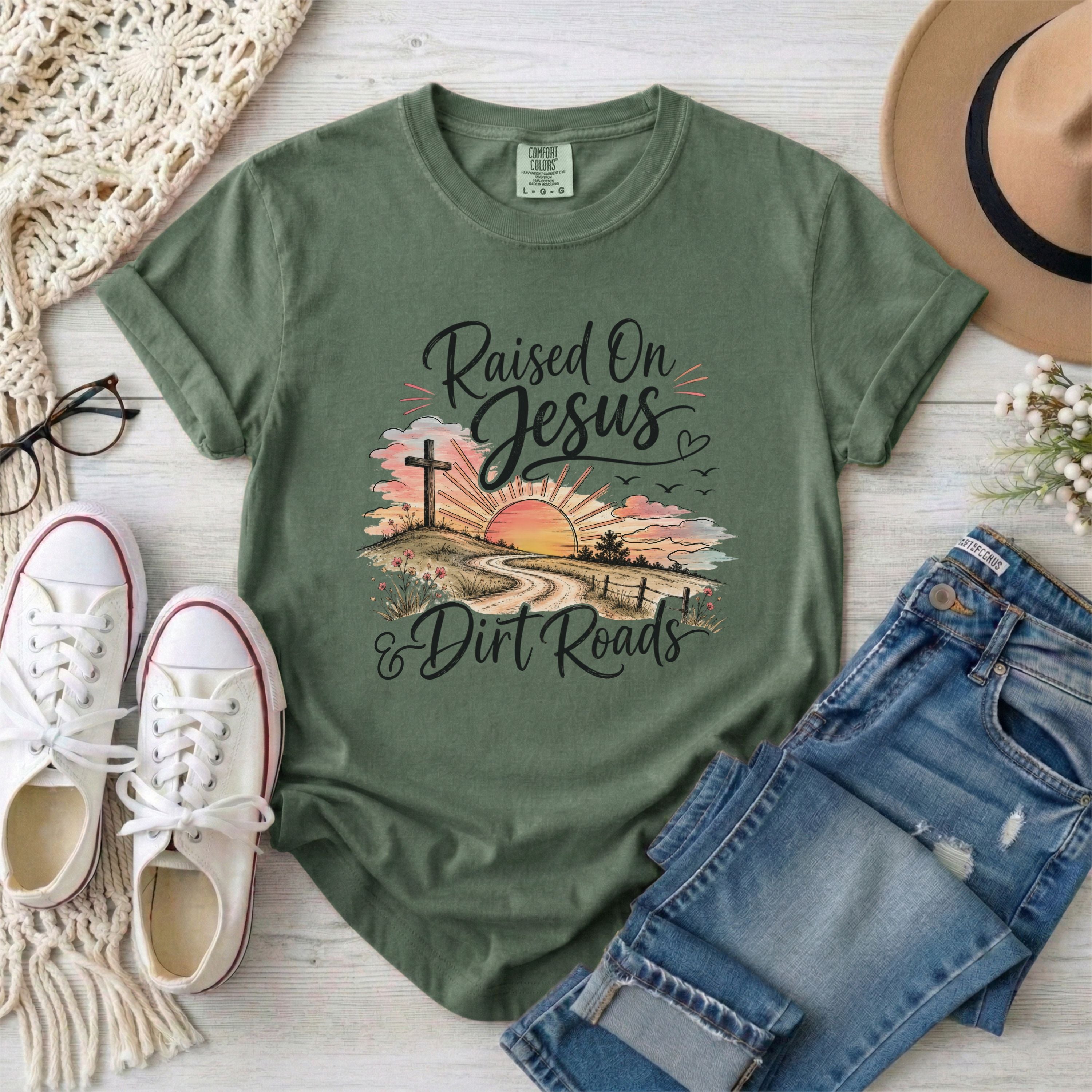 Raised on Jesus and Dirt Roads Christian T-shirt
