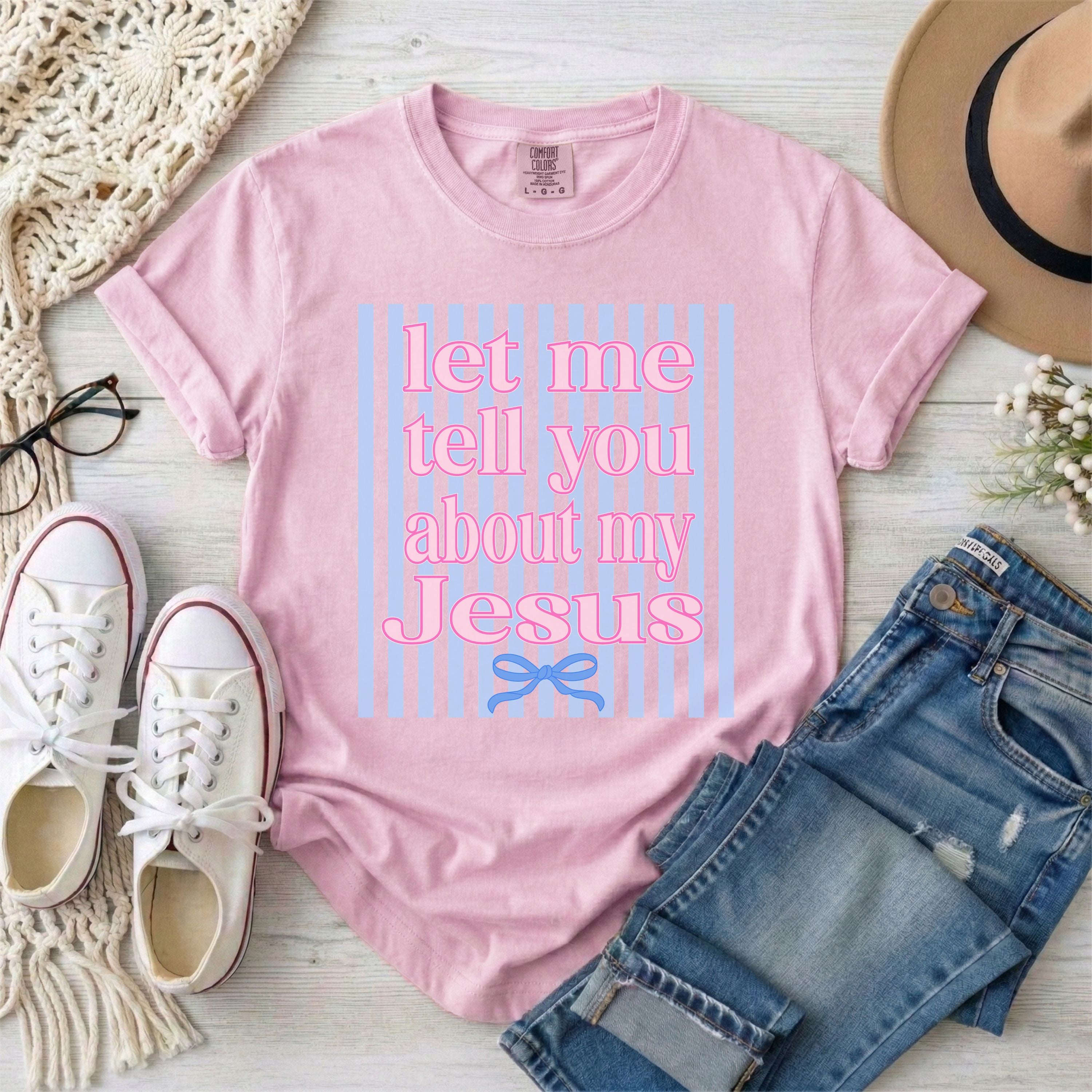 Let Me Tell You About My Jesus Coquette Stripes T-Shirt