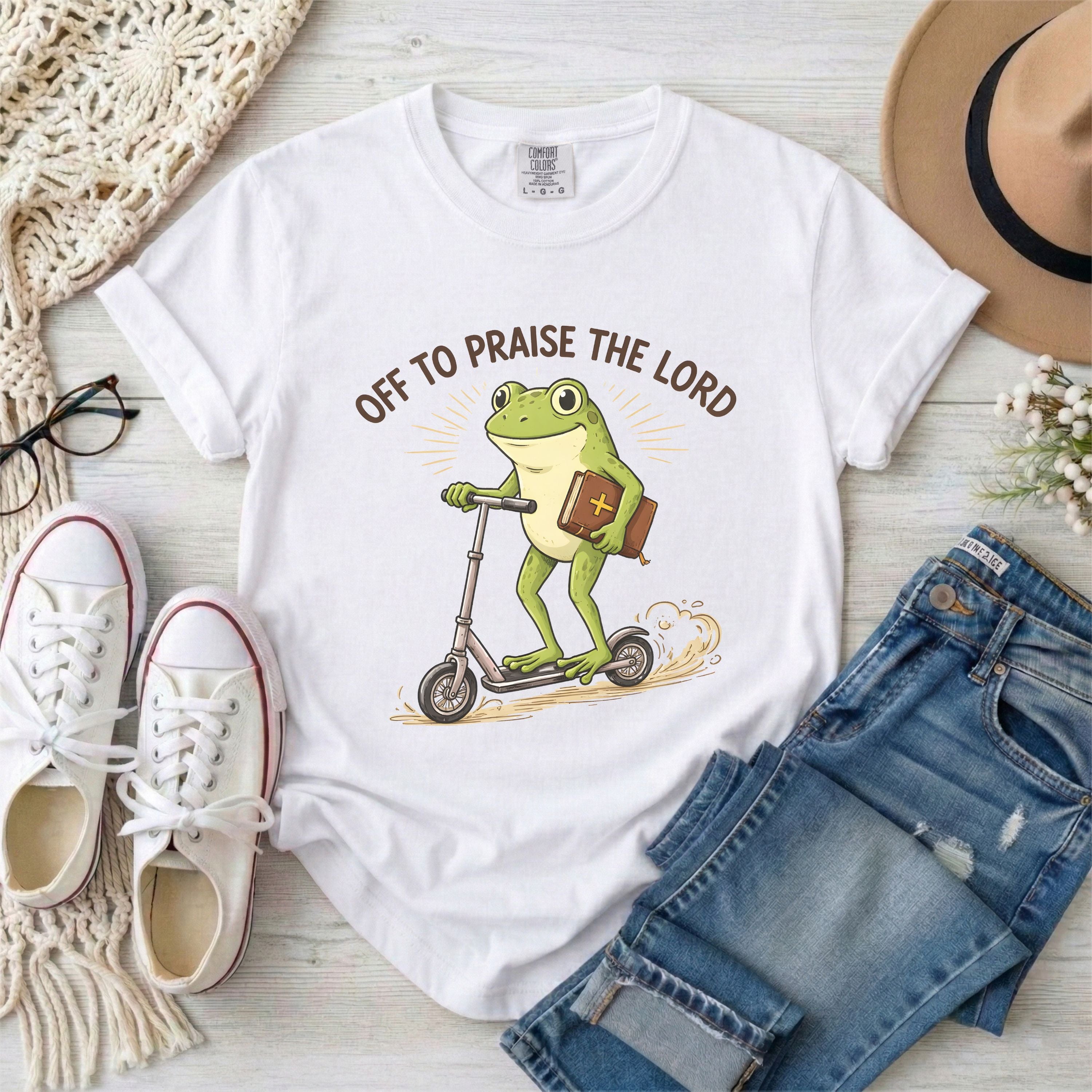 Off to Praise the Lord Funny Frog T-Shirt