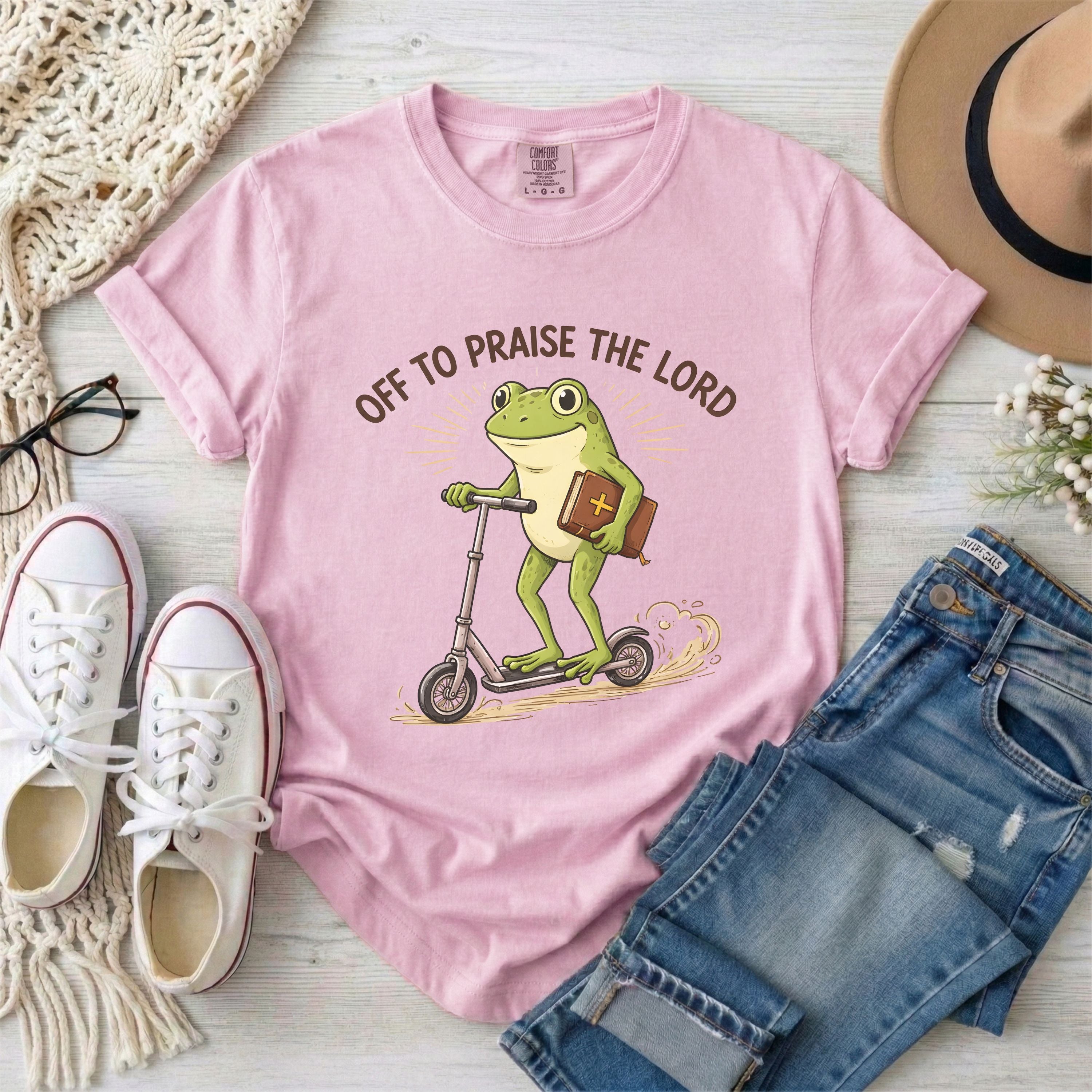 Off to Praise the Lord Funny Frog T-Shirt
