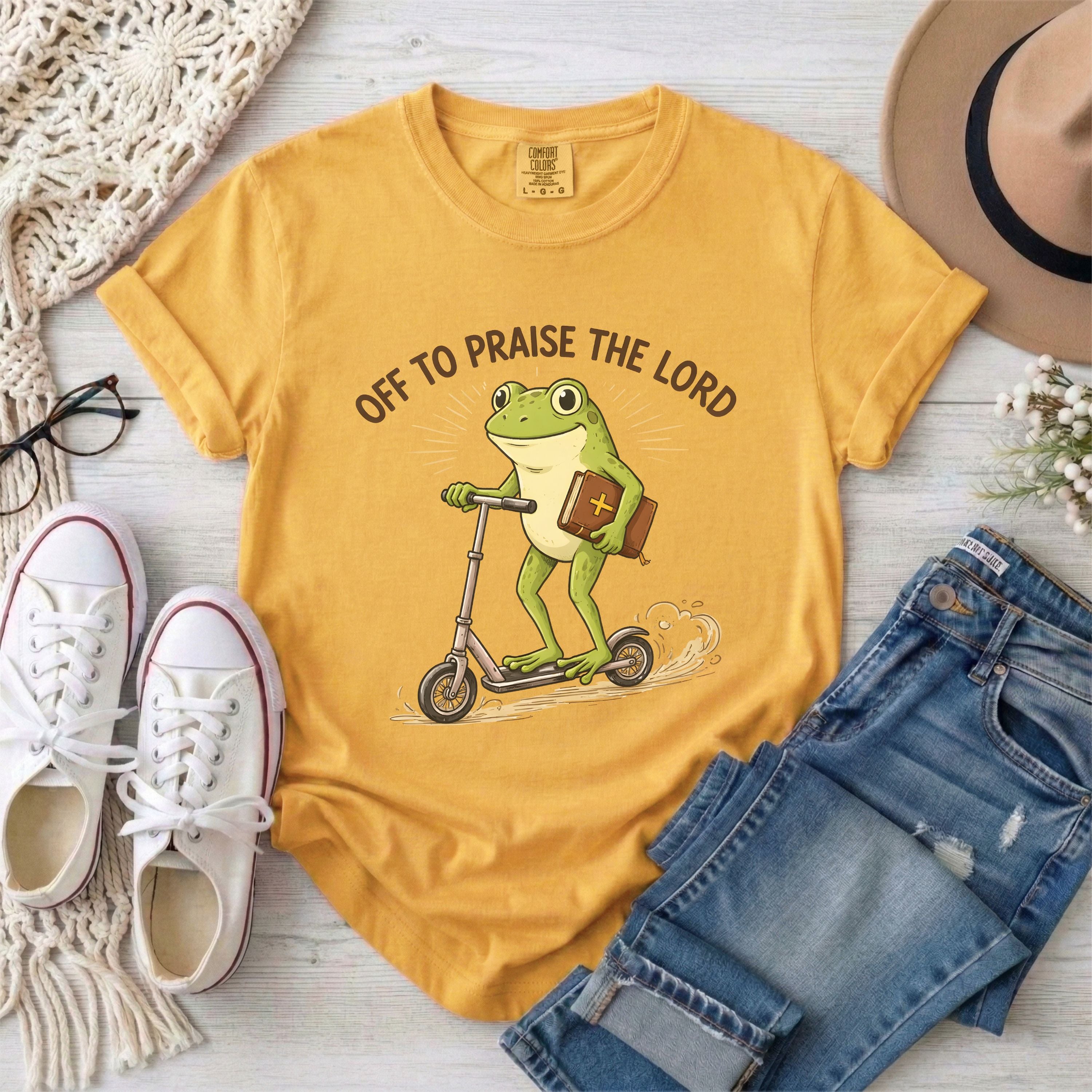 Off to Praise the Lord Funny Frog T-Shirt