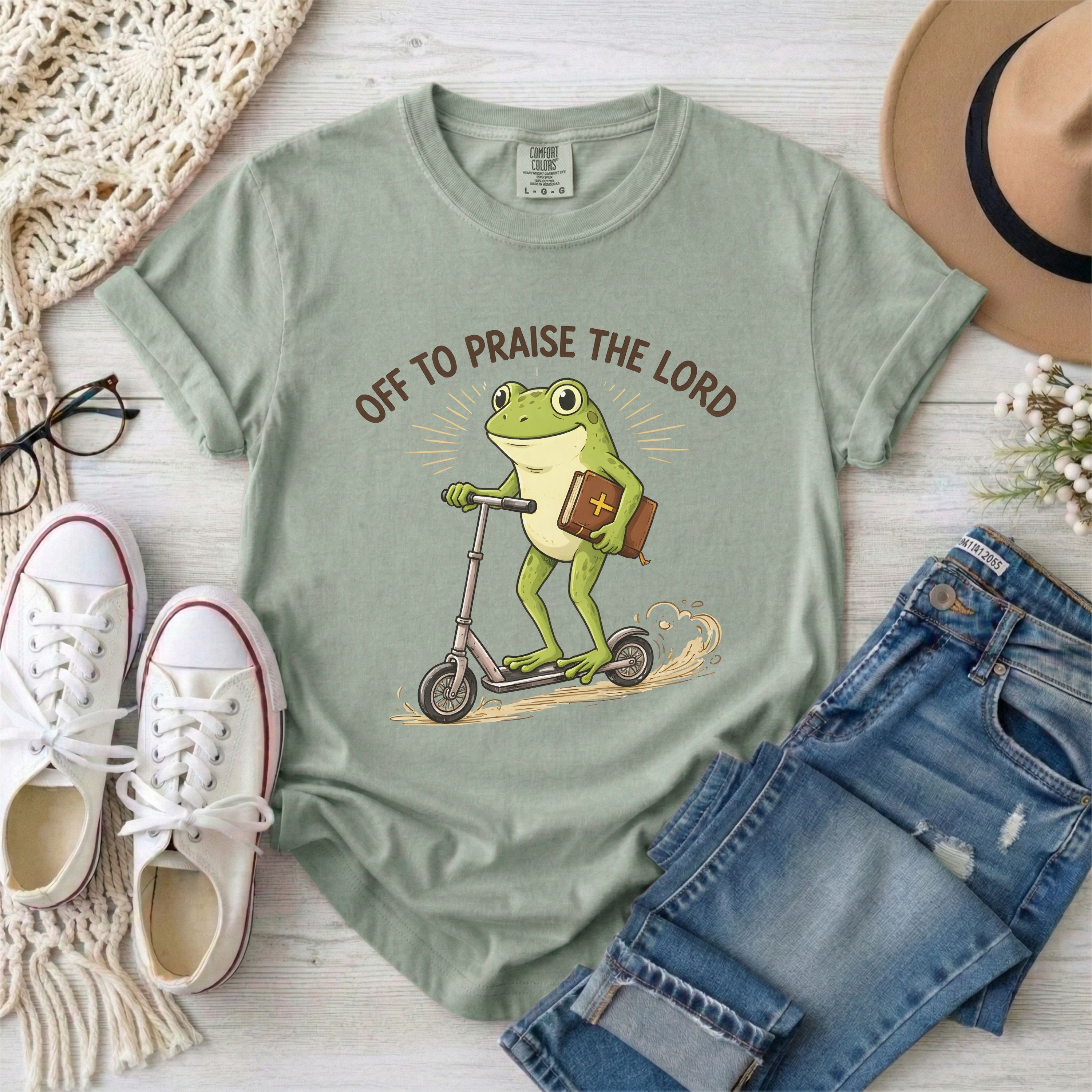 Off to Praise the Lord Funny Frog T-Shirt