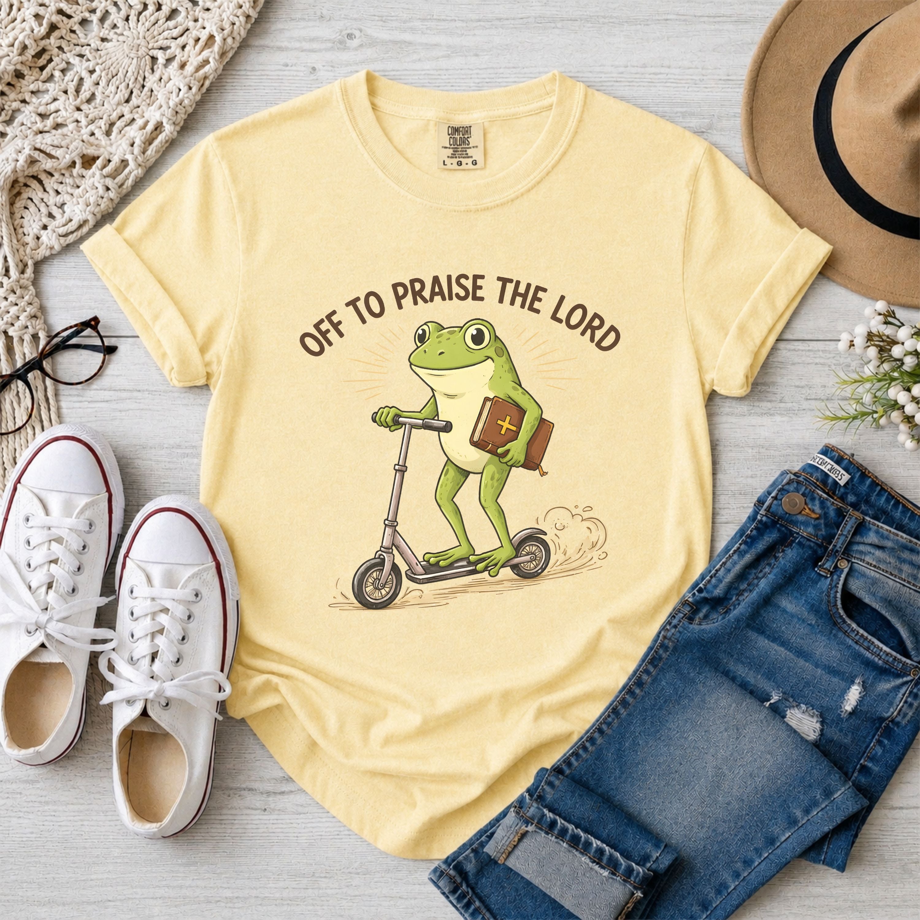 Off to Praise the Lord Funny Frog T-Shirt