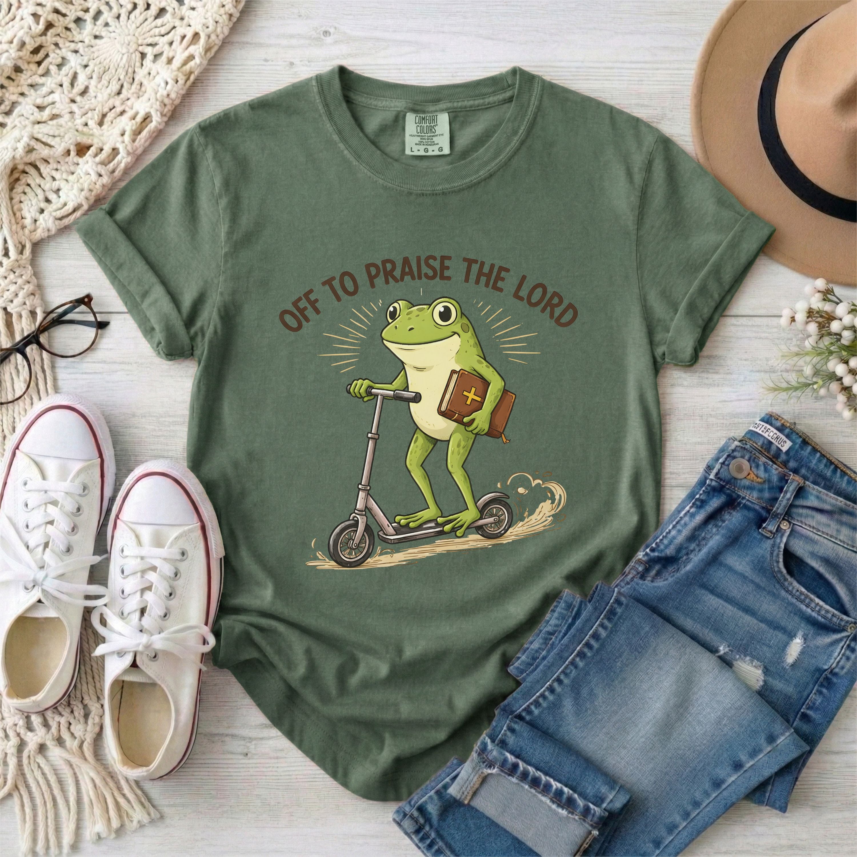 Off to Praise the Lord Funny Frog T-Shirt