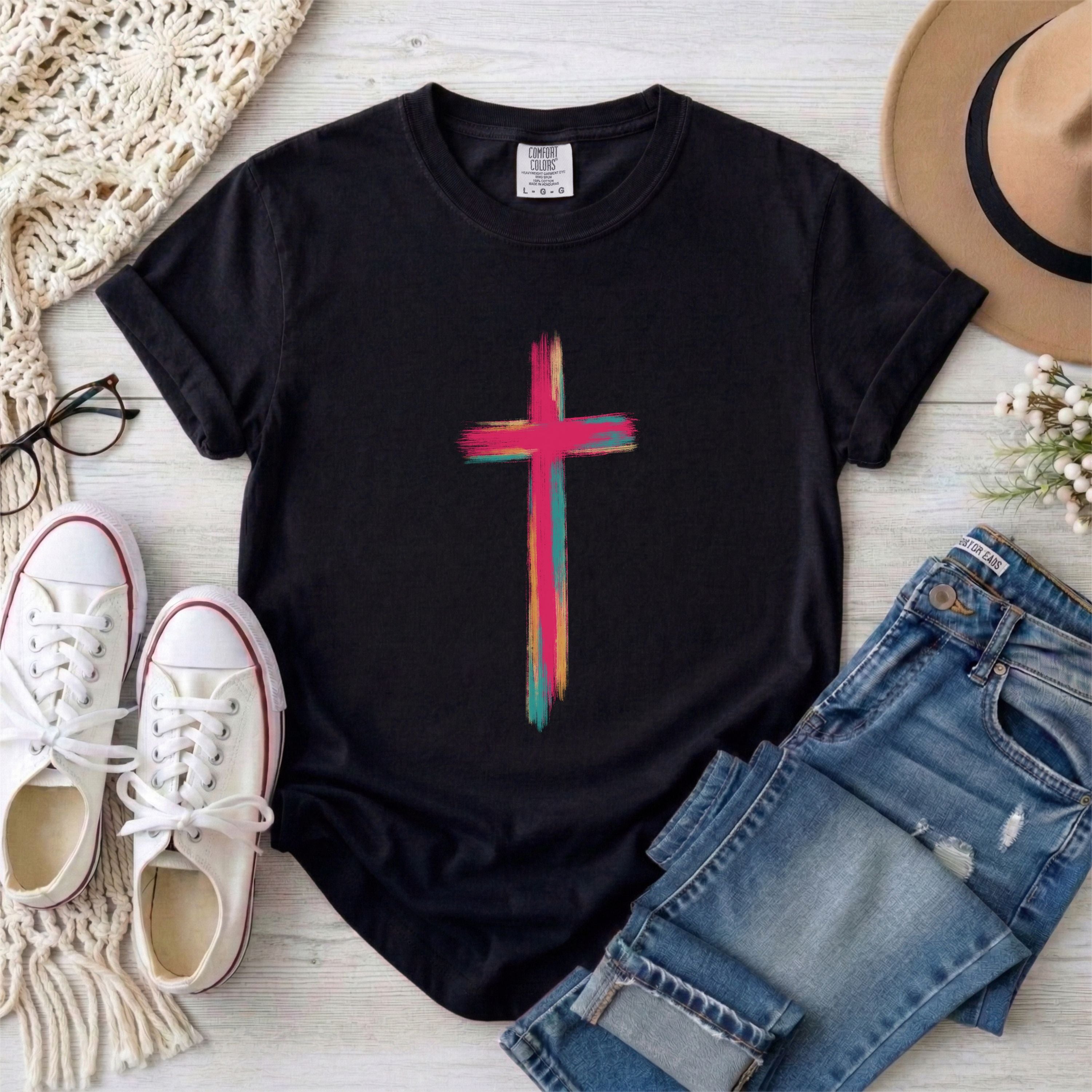 Colorful Brushstroke Cross Christian T-Shirt