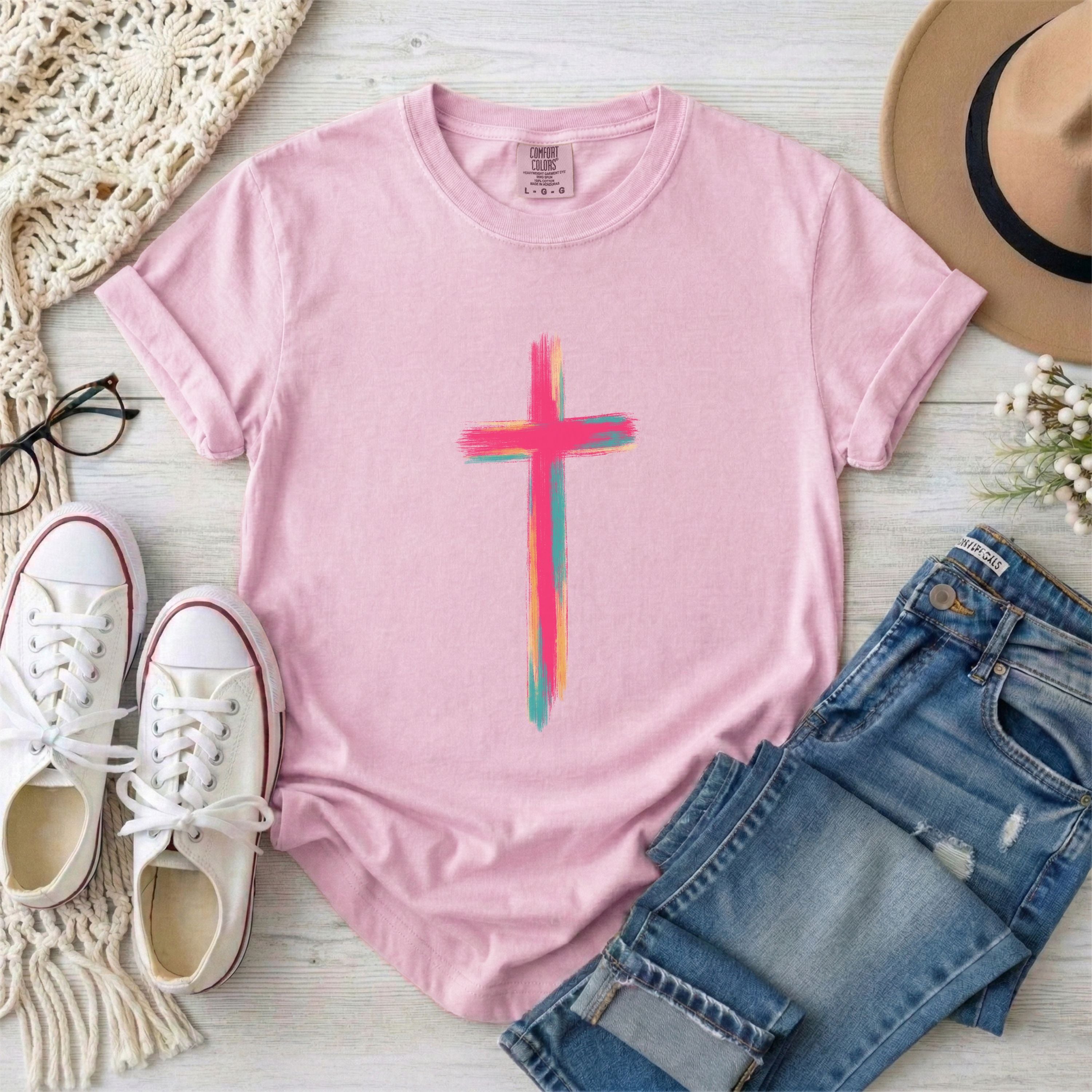 Colorful Brushstroke Cross Christian T-Shirt