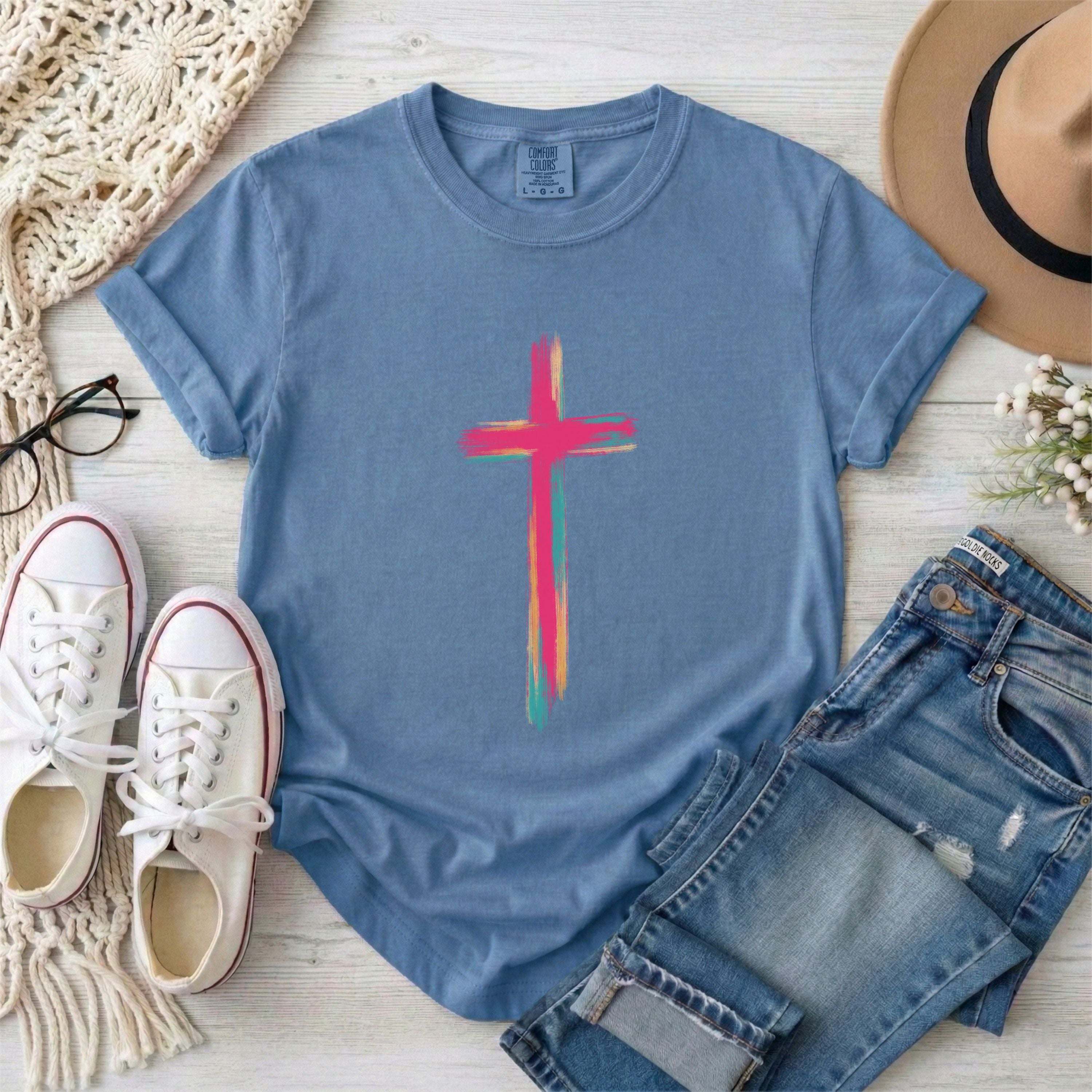 Colorful Brushstroke Cross Christian T-Shirt
