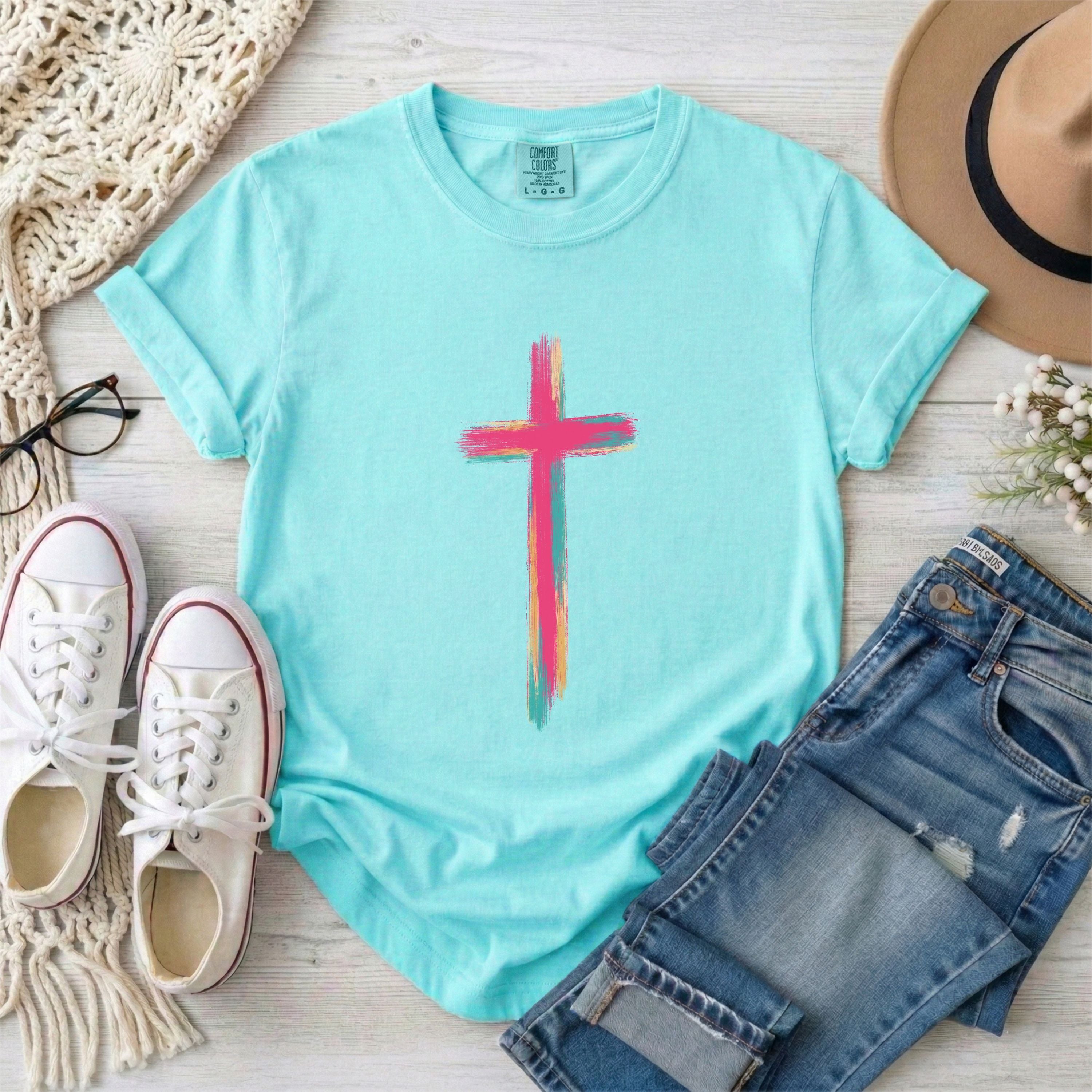 Colorful Brushstroke Cross Christian T-Shirt