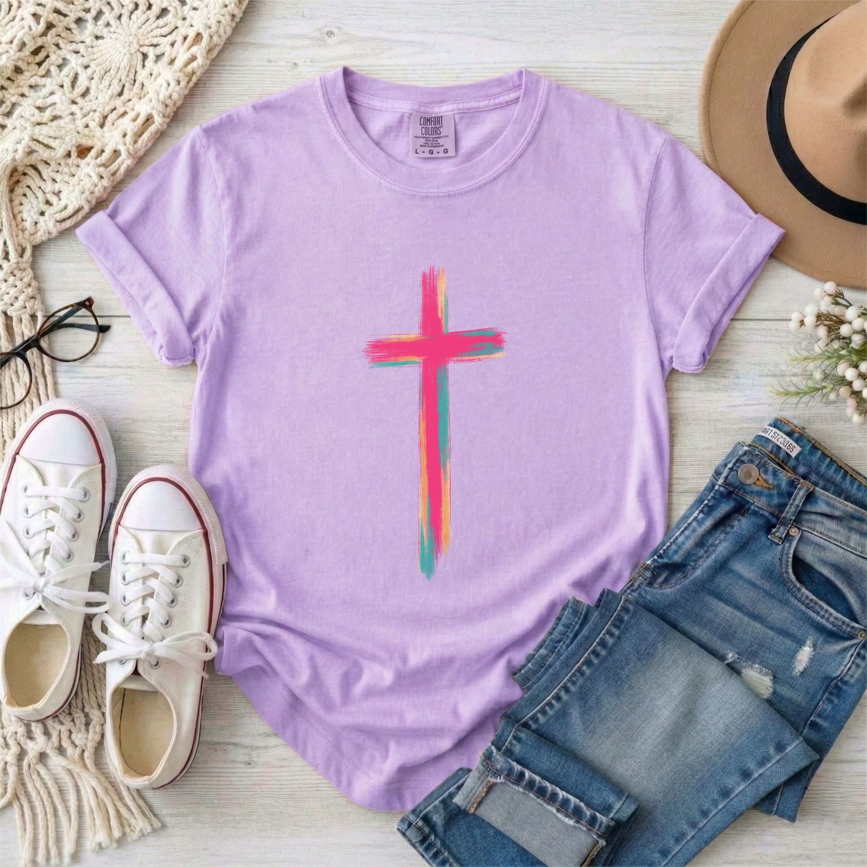Colorful Brushstroke Cross Christian T-Shirt