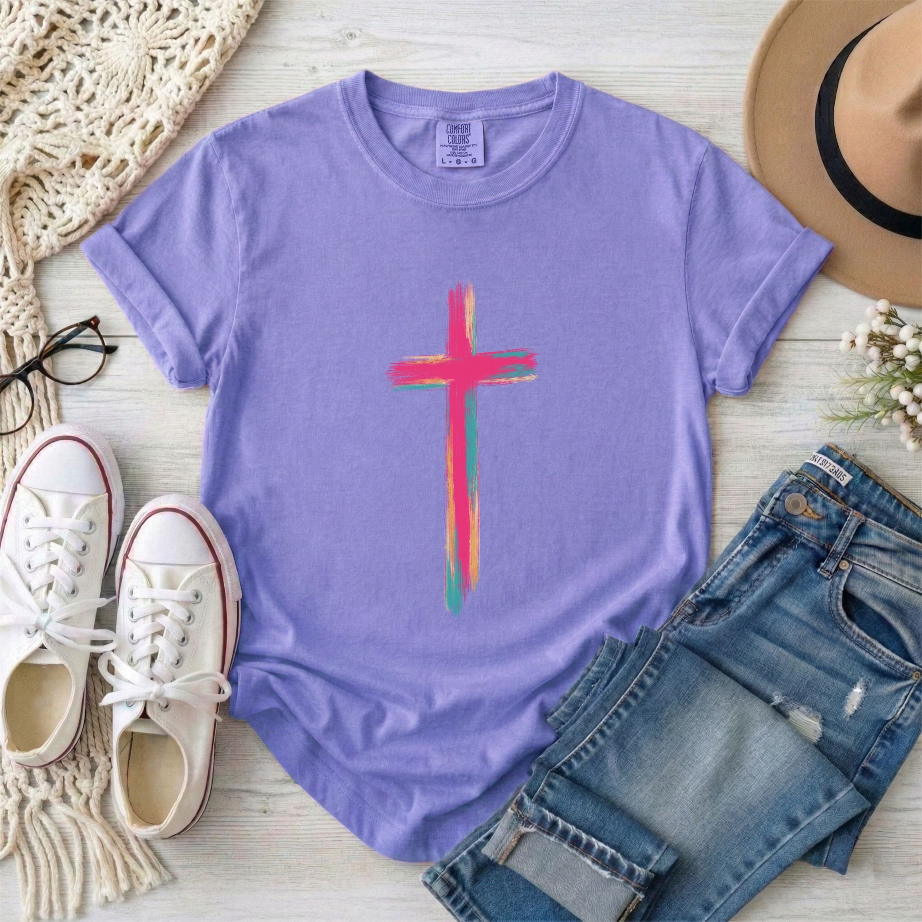 Colorful Brushstroke Cross Christian T-Shirt