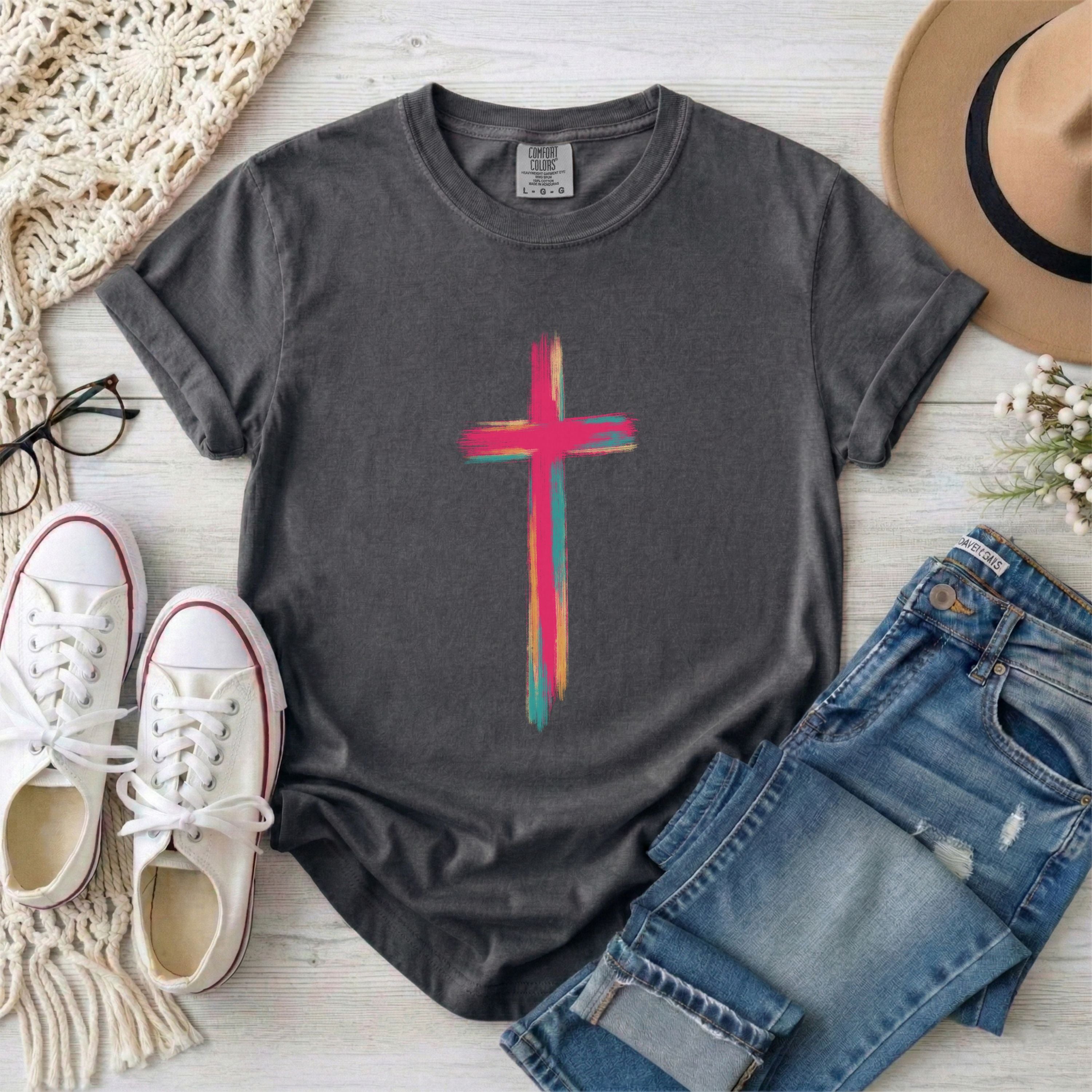 Colorful Brushstroke Cross Christian T-Shirt
