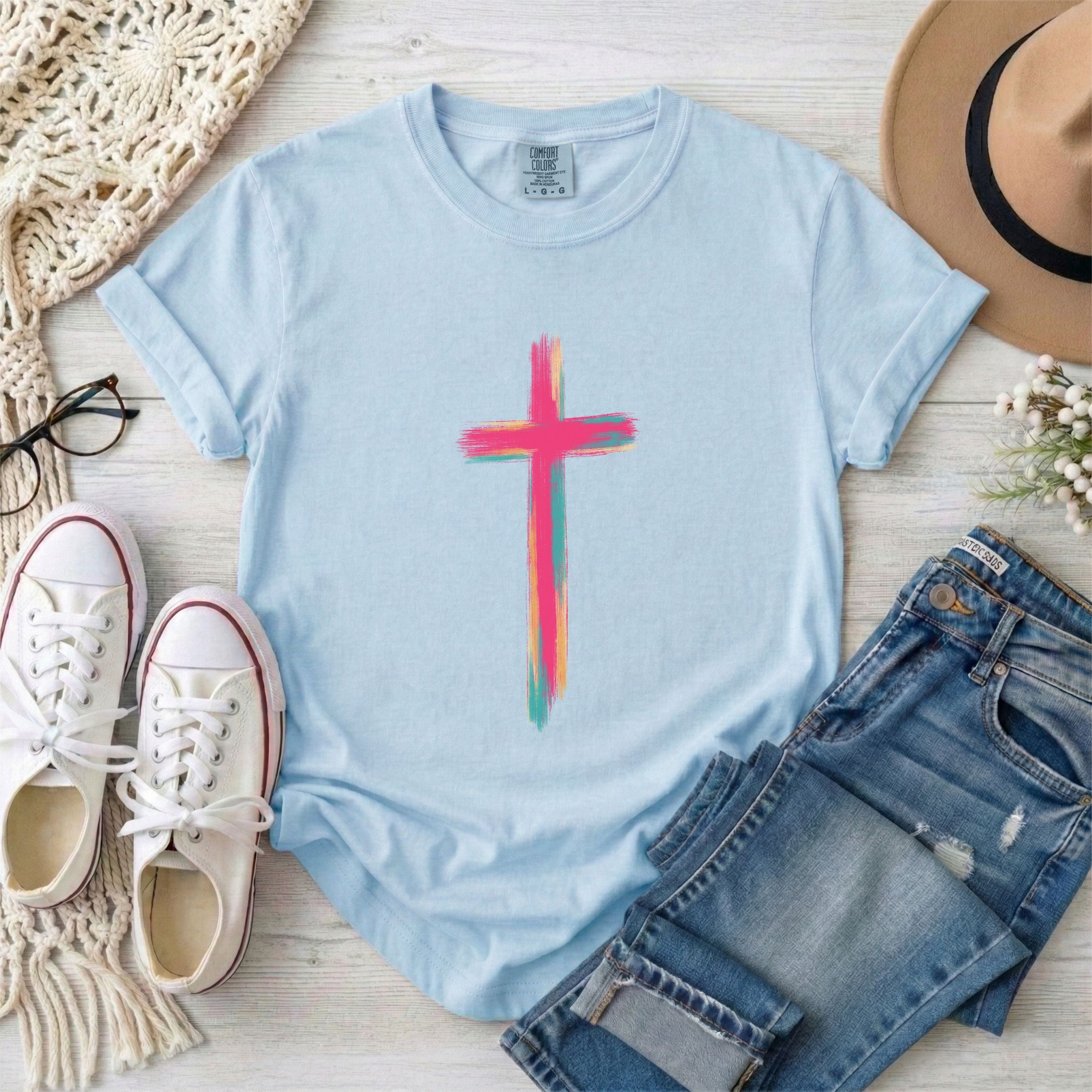 Colorful Brushstroke Cross Christian T-Shirt