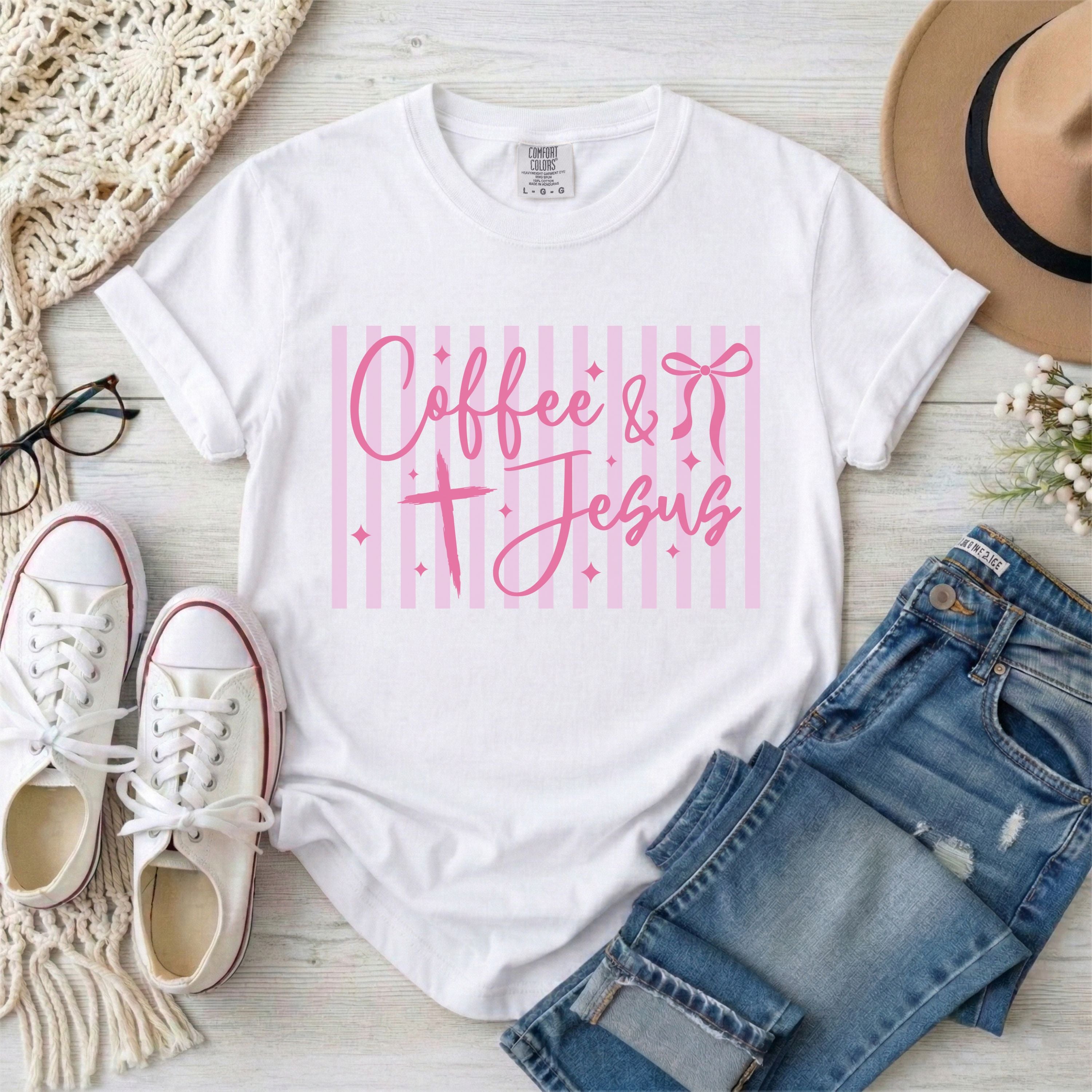 Coffee and Jesus Pink Stripes Coquette Christian T-Shirt