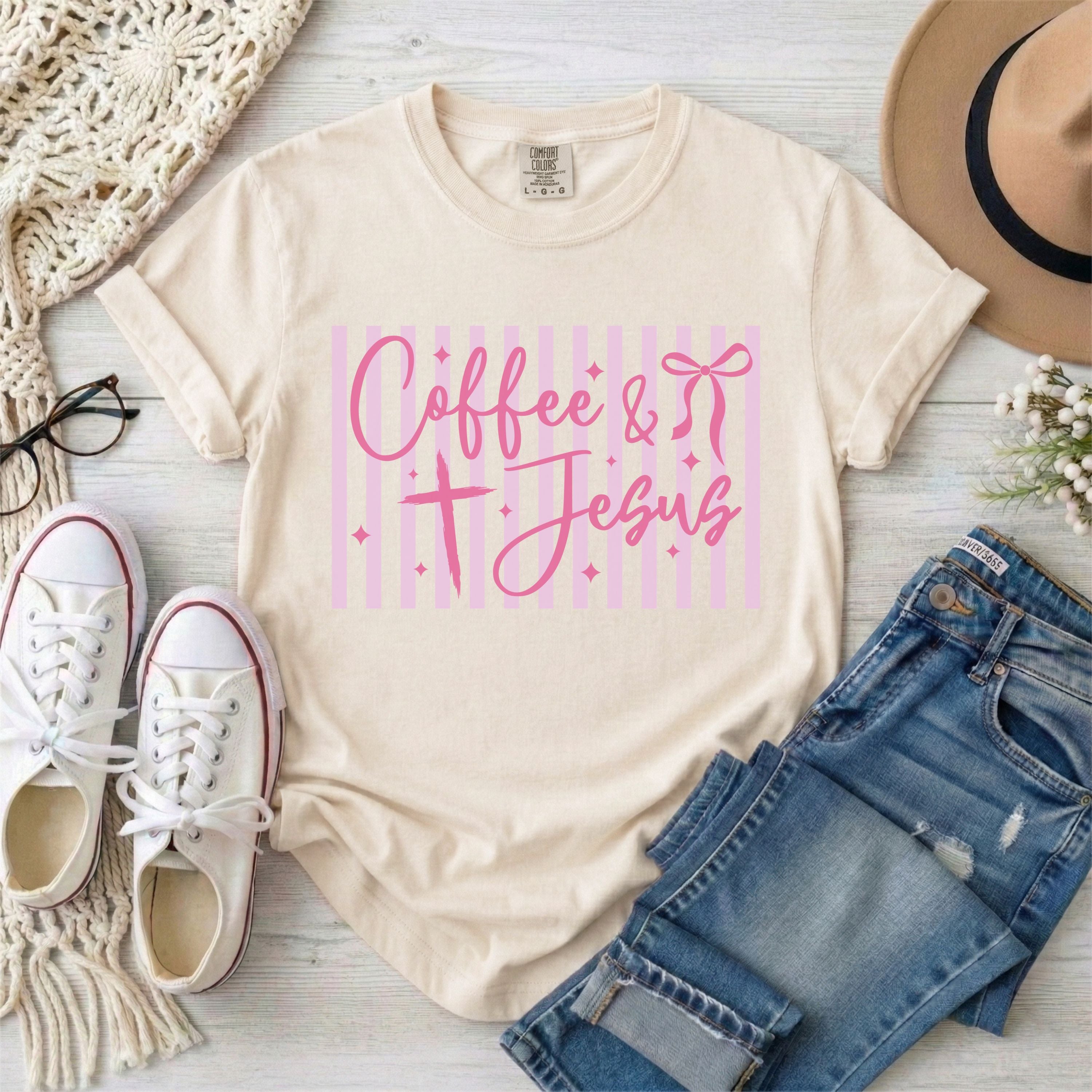 Coffee and Jesus Pink Stripes Coquette Christian T-Shirt