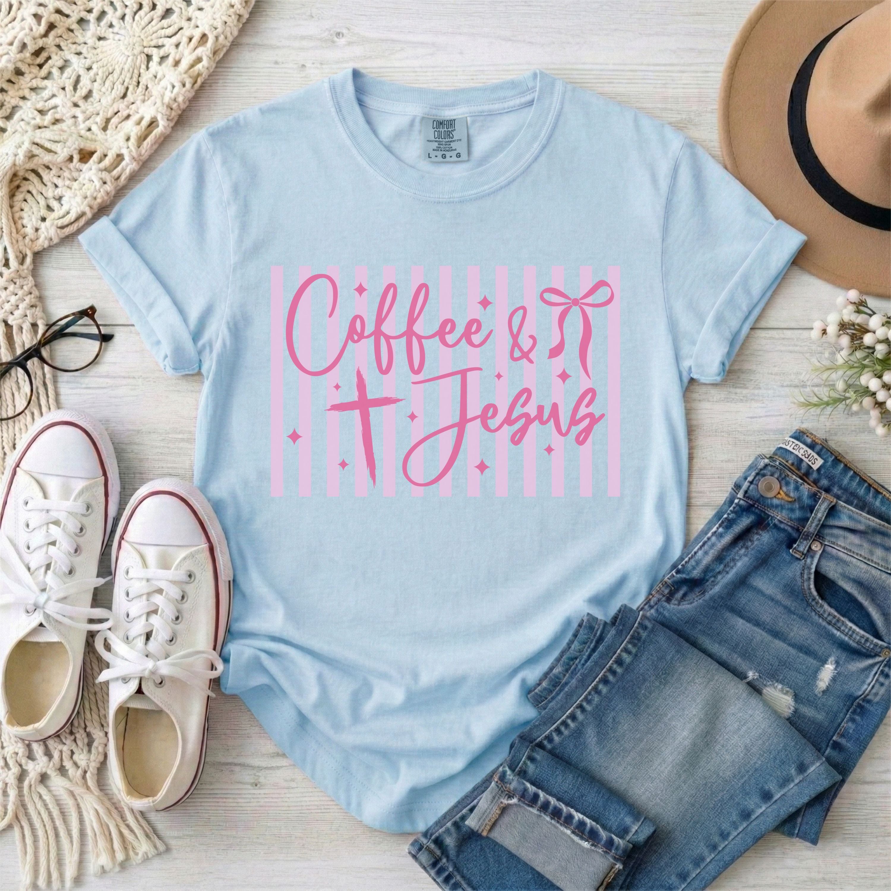 Coffee and Jesus Pink Stripes Coquette Christian T-Shirt