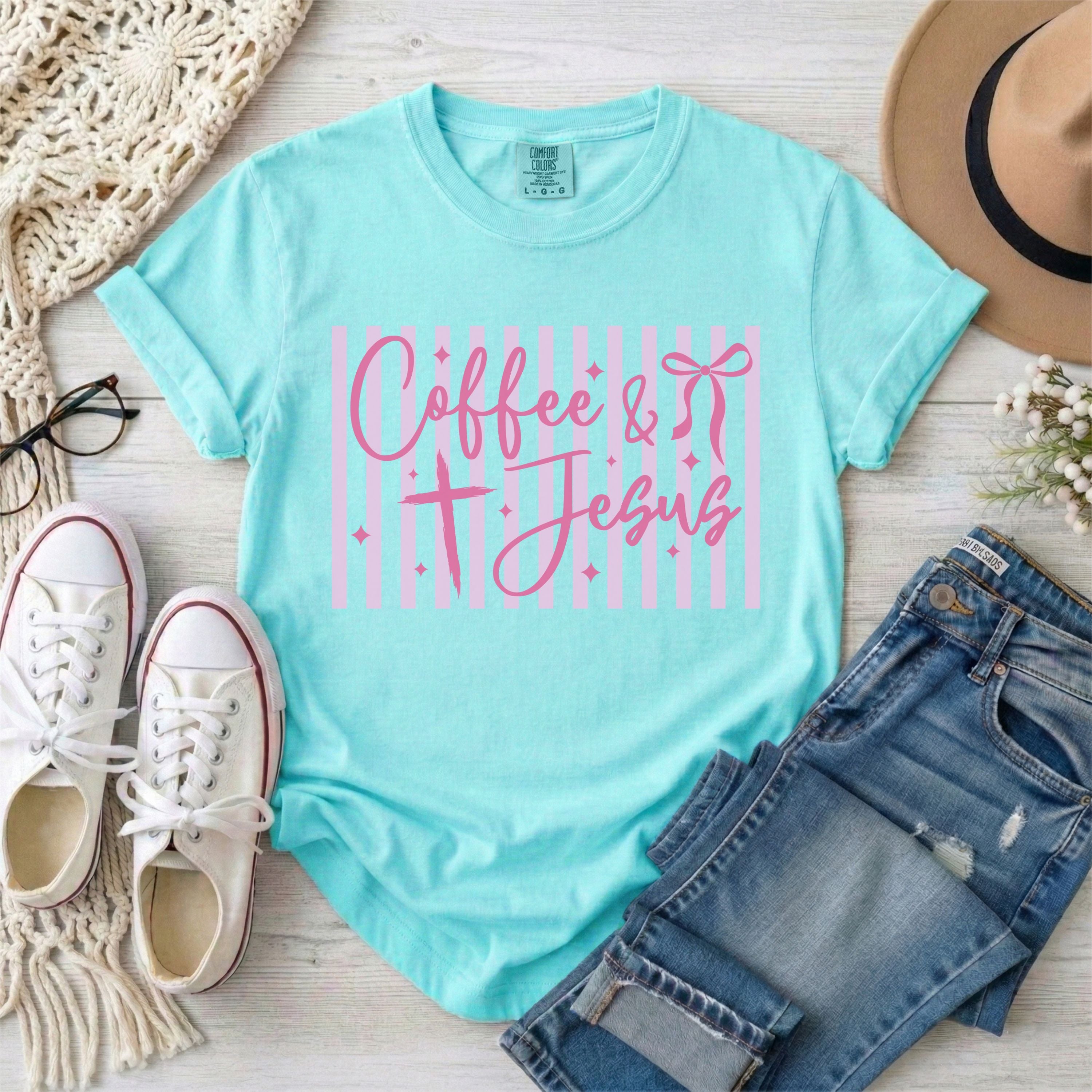 Coffee and Jesus Pink Stripes Coquette Christian T-Shirt