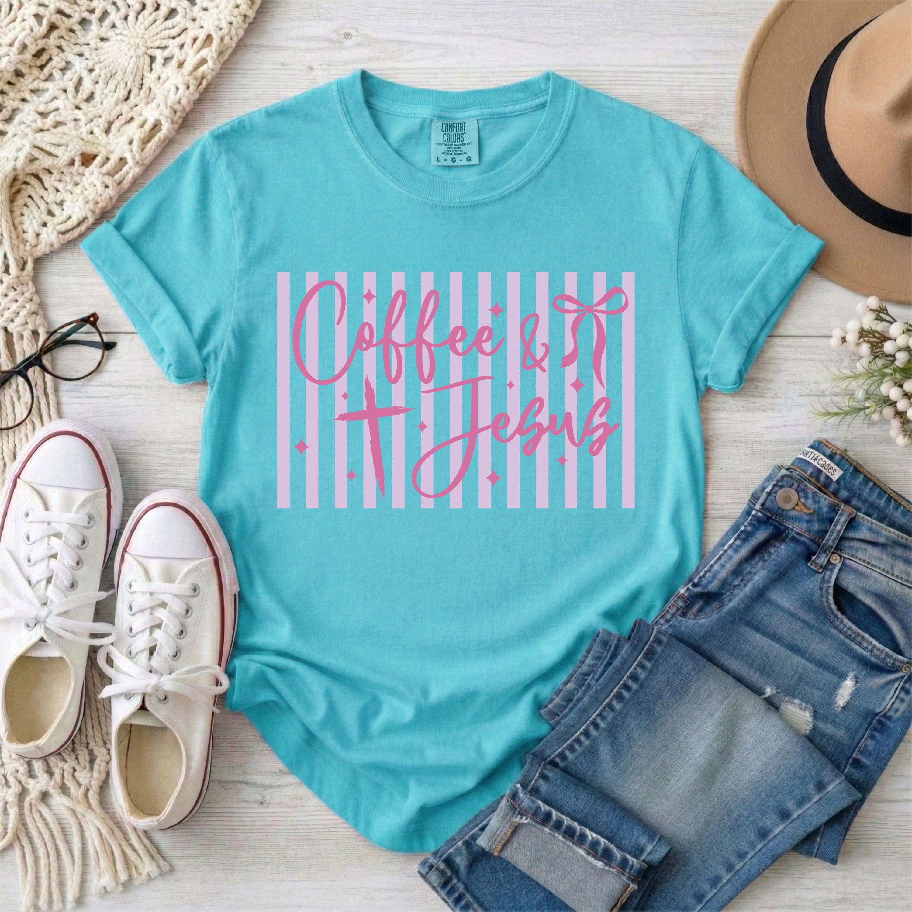 Coffee and Jesus Pink Stripes Coquette Christian T-Shirt