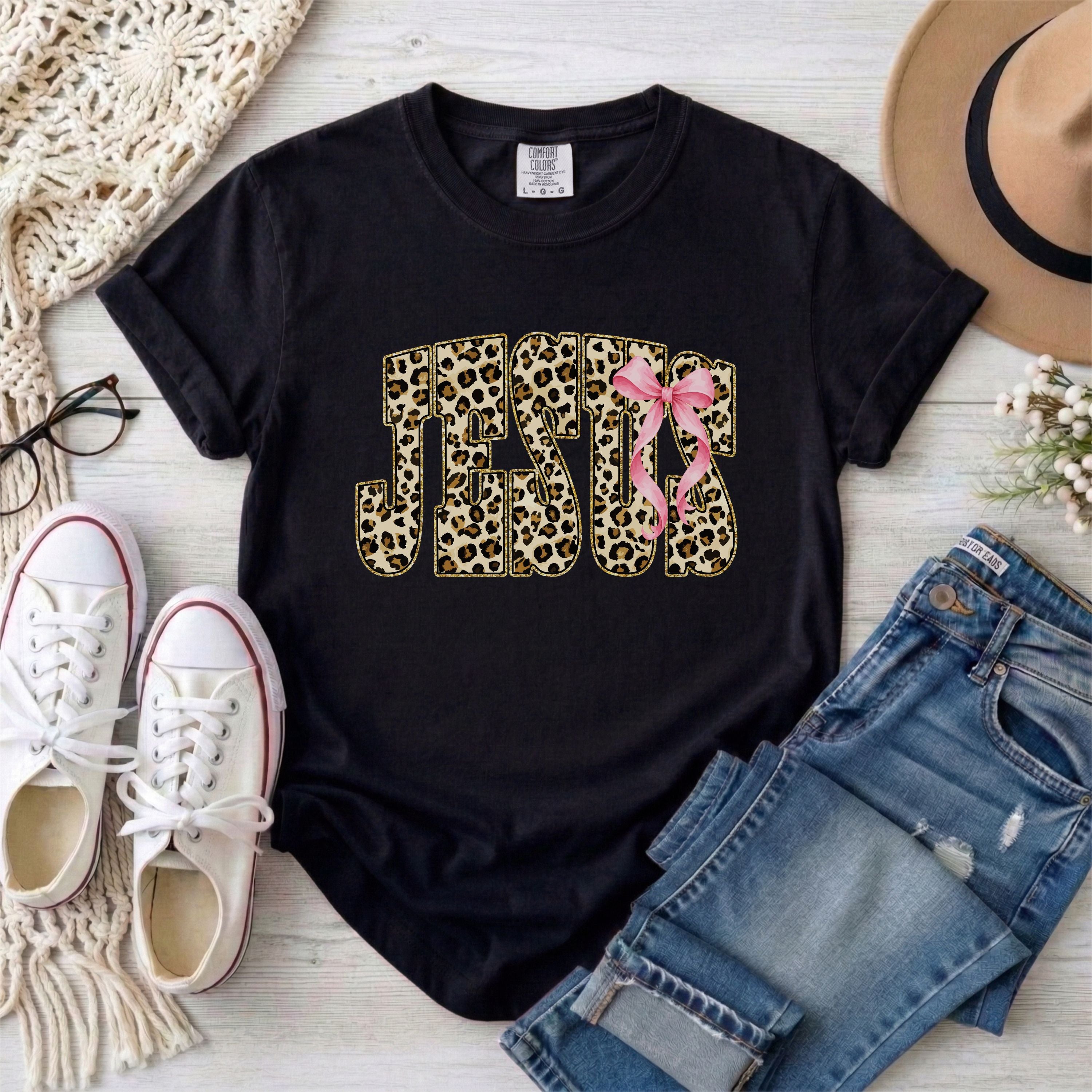 Leopard Print Jesus With Pink Bow T-Shirt