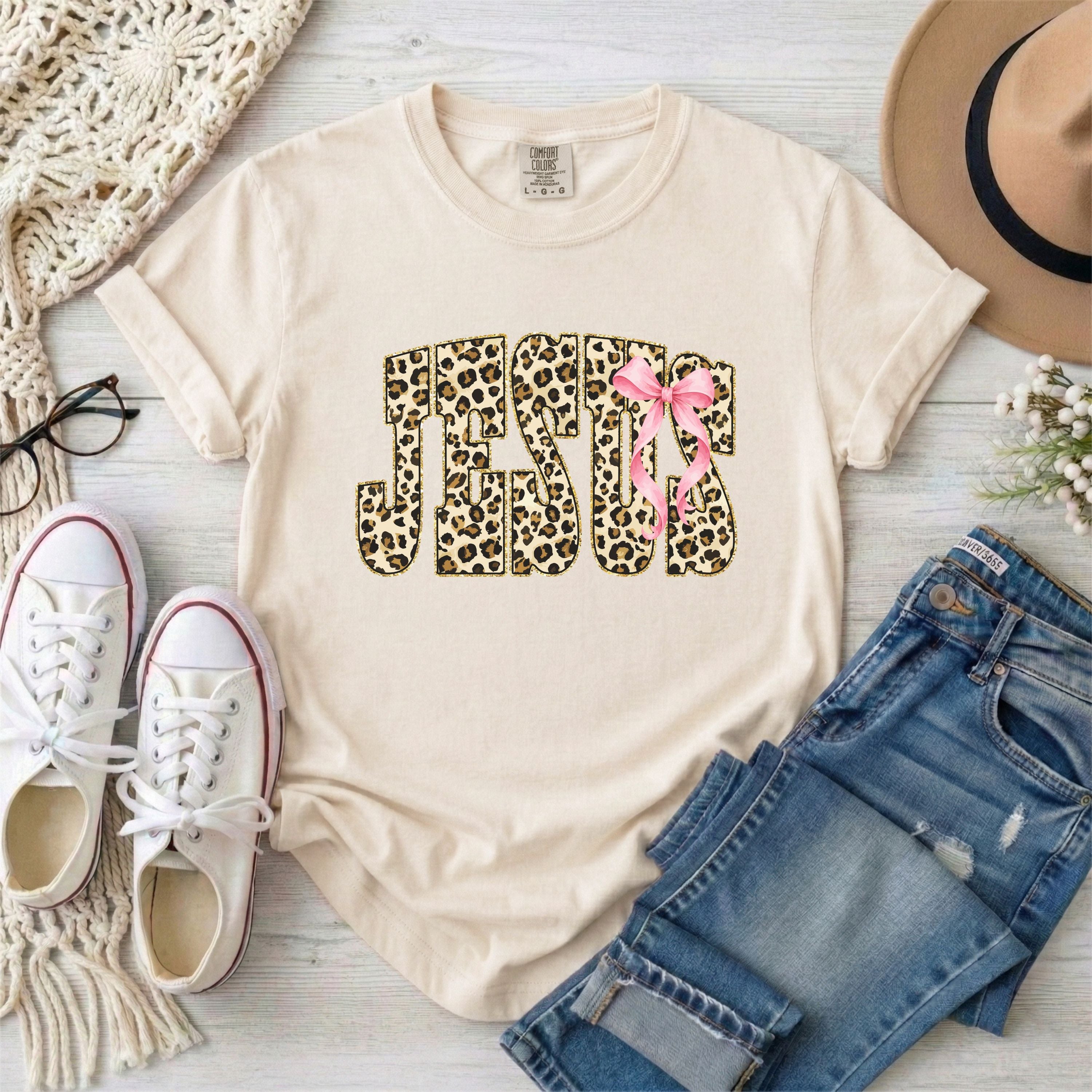 Leopard Print Jesus With Pink Bow T-Shirt