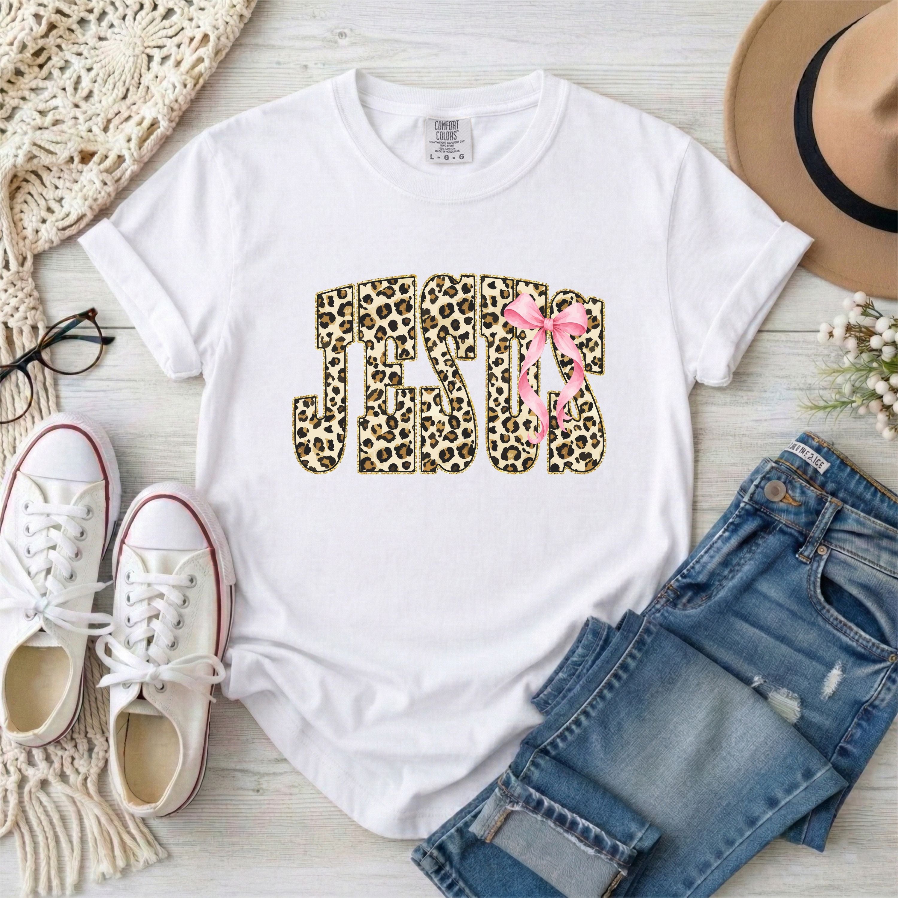 Leopard Print Jesus With Pink Bow T-Shirt