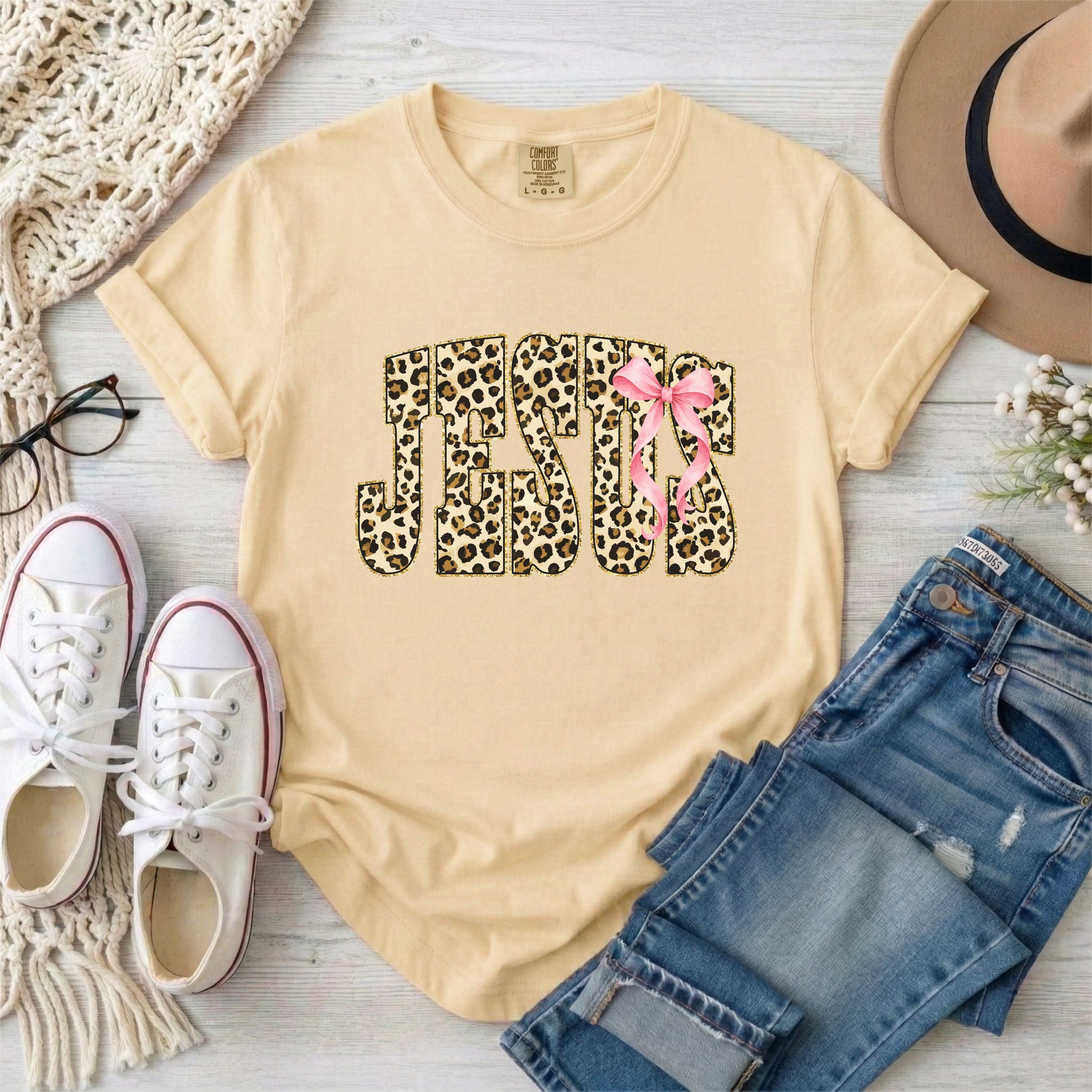 Leopard Print Jesus With Pink Bow T-Shirt