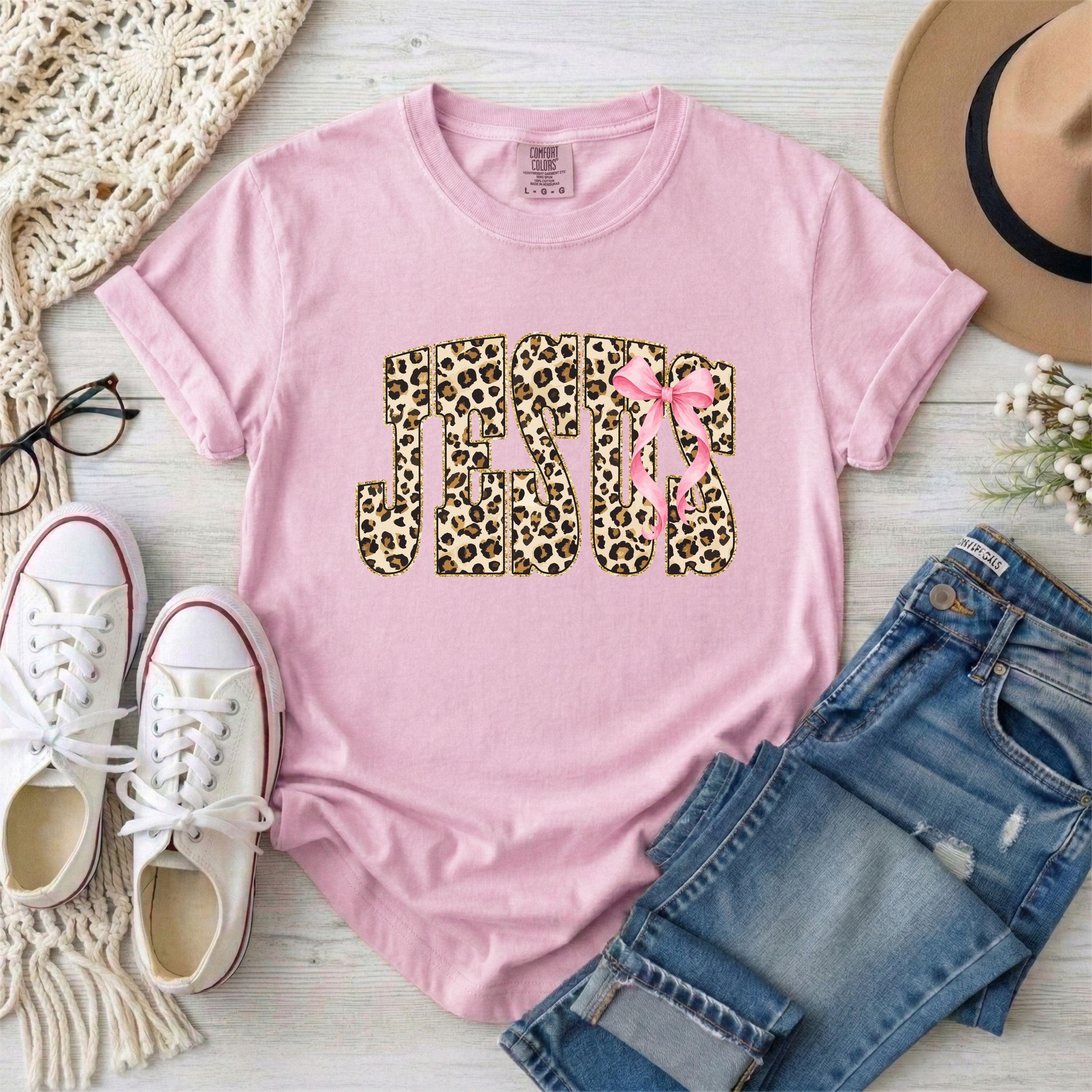 Leopard Print Jesus With Pink Bow T-Shirt