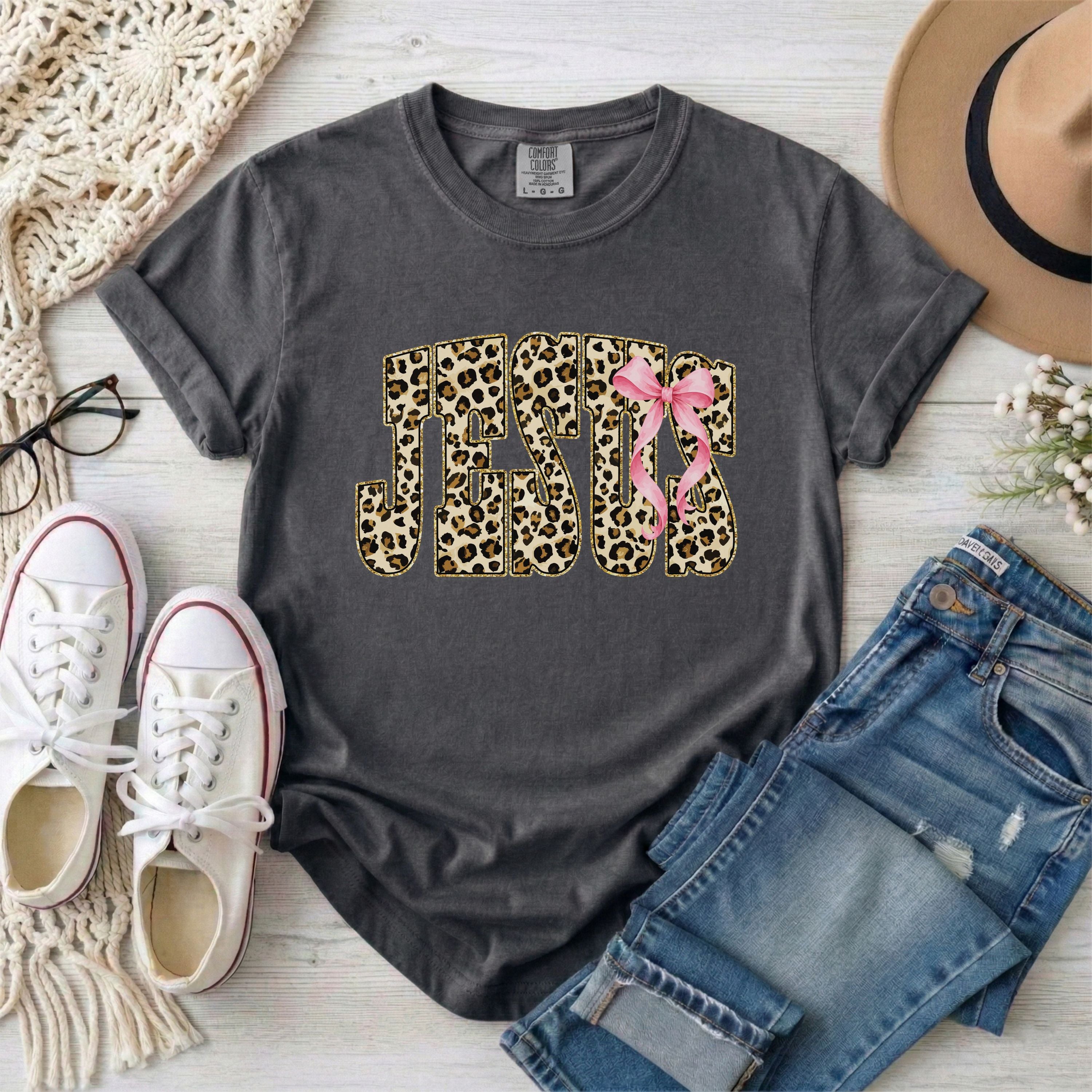 Leopard Print Jesus With Pink Bow T-Shirt