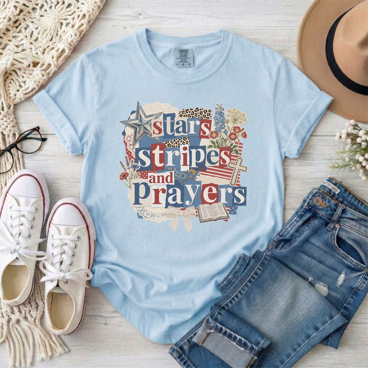 Stars Stripes and Prayers Patriotic Christian T-Shirt