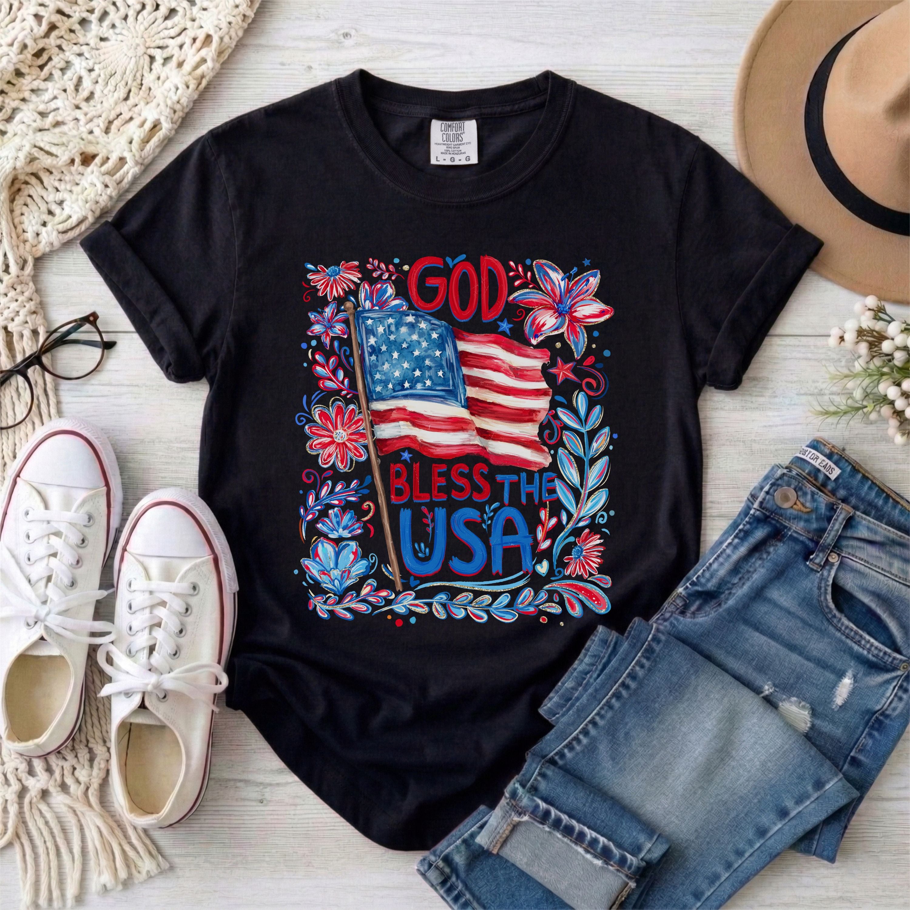 God Bless The USA Floral Patriotic T-Shirt