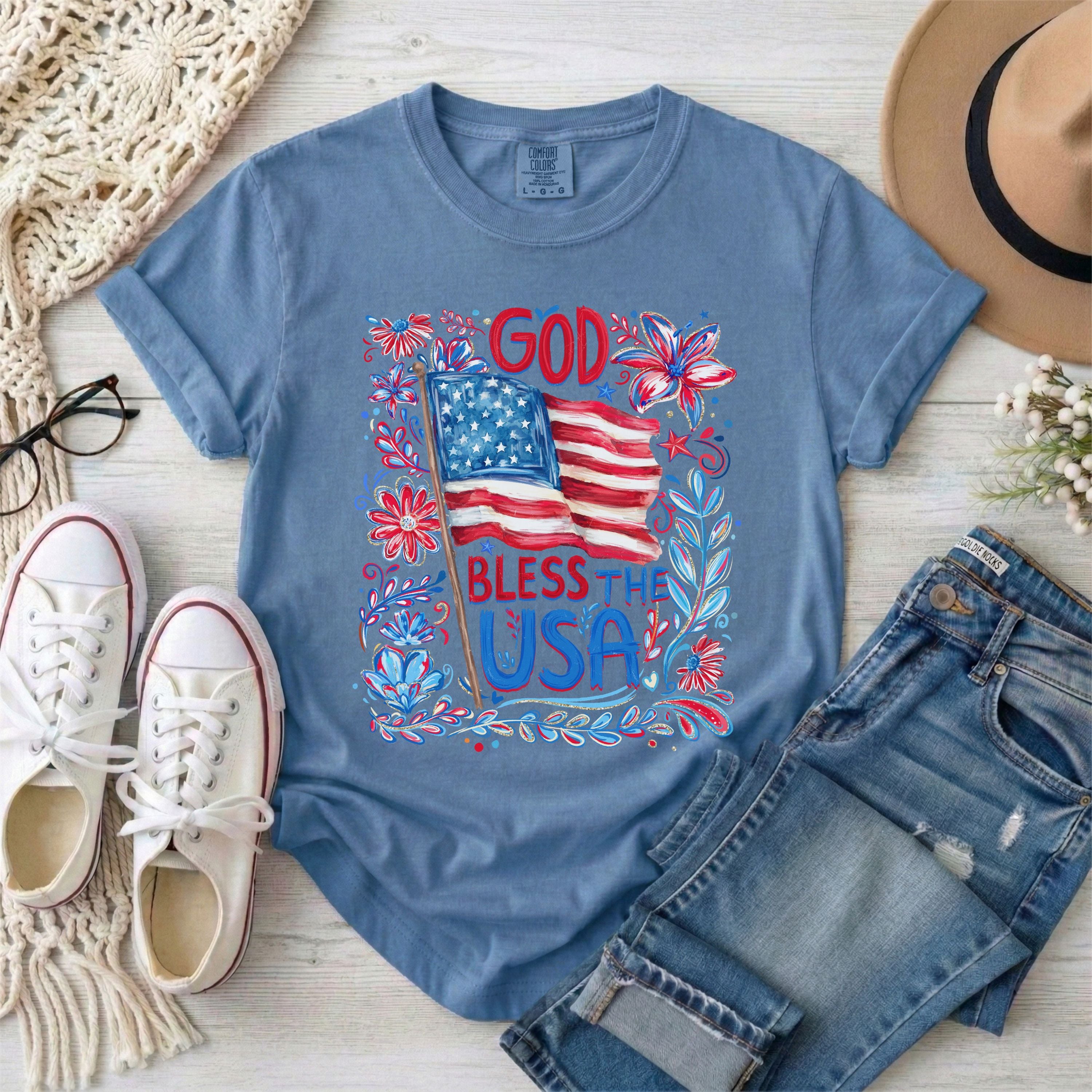 God Bless The USA Floral Patriotic T-Shirt