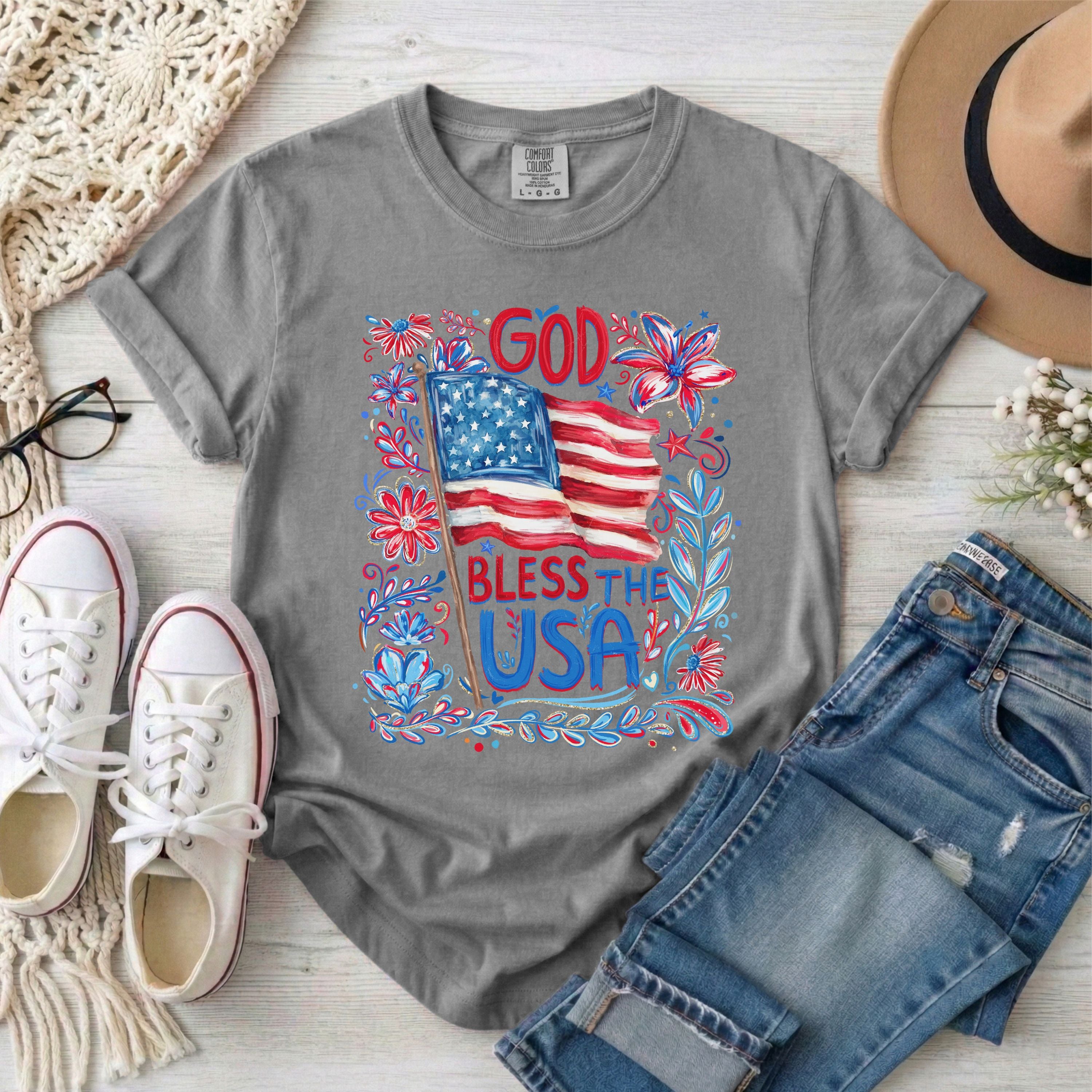 God Bless The USA Floral Patriotic T-Shirt