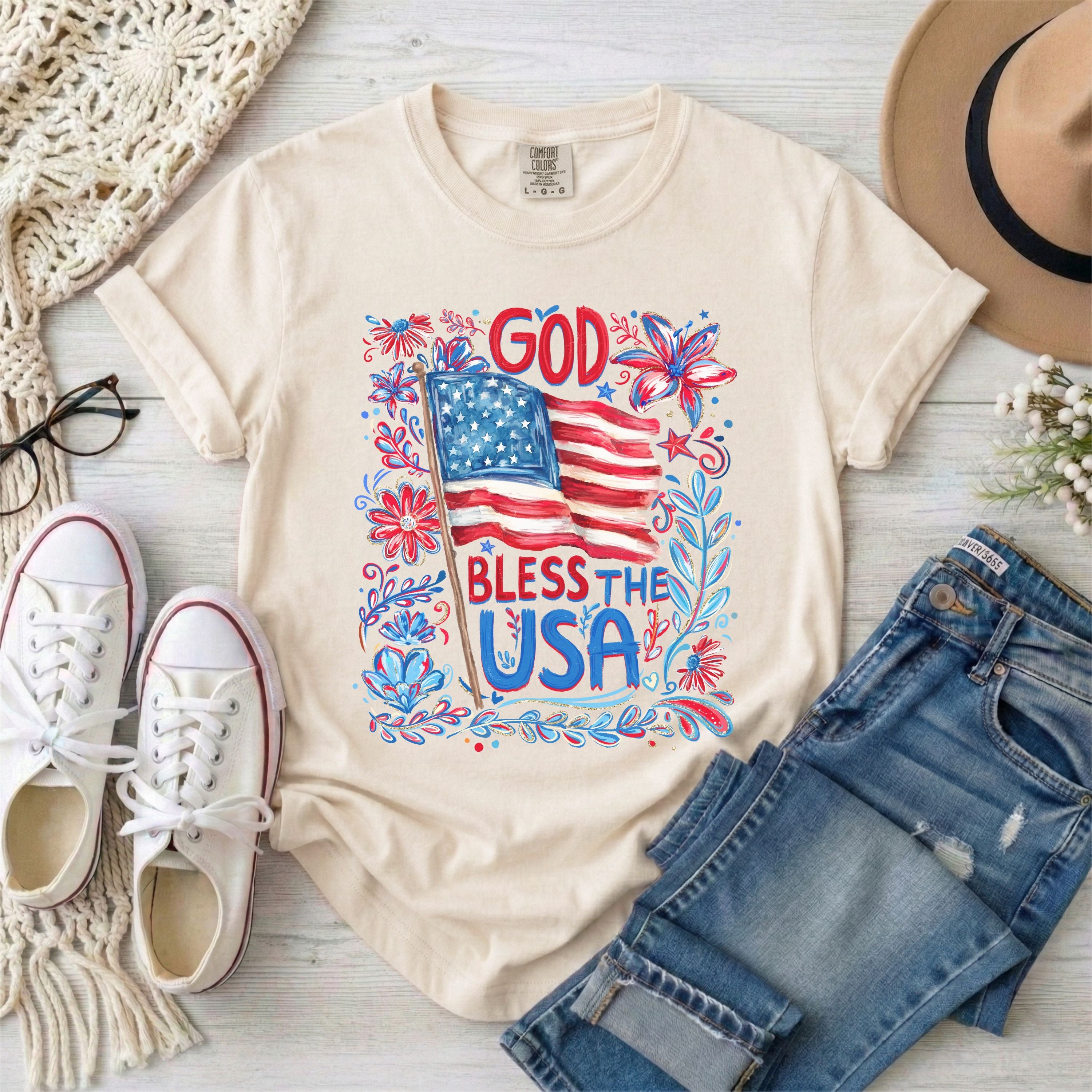 God Bless The USA Floral Patriotic T-Shirt