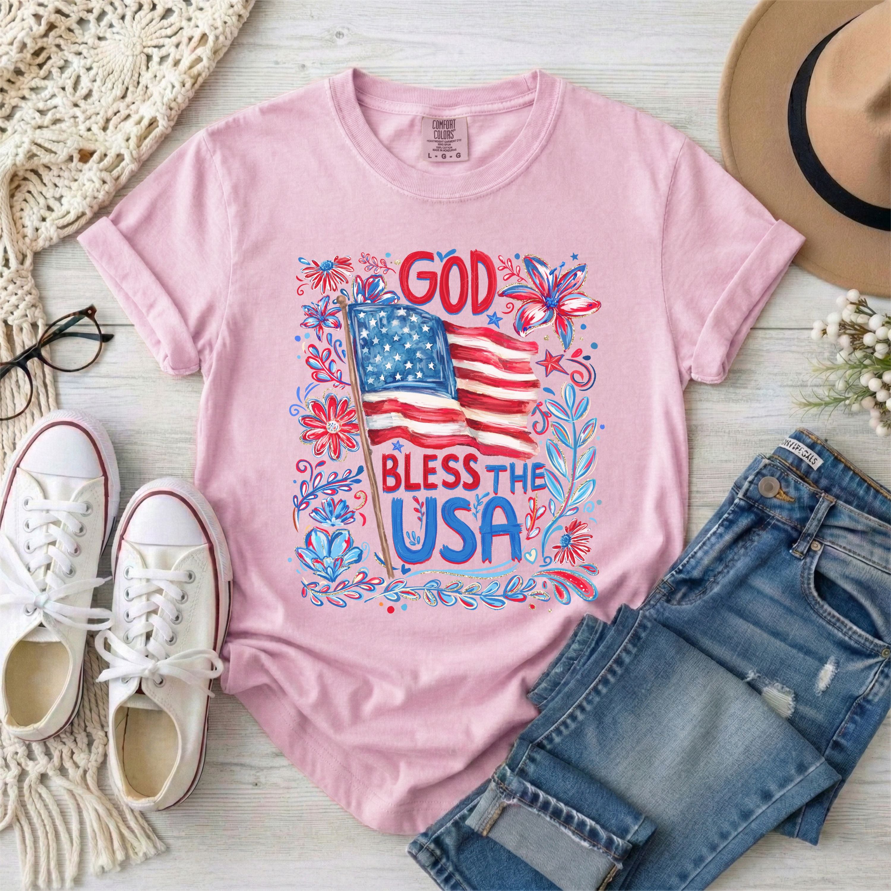 God Bless The USA Floral Patriotic T-Shirt