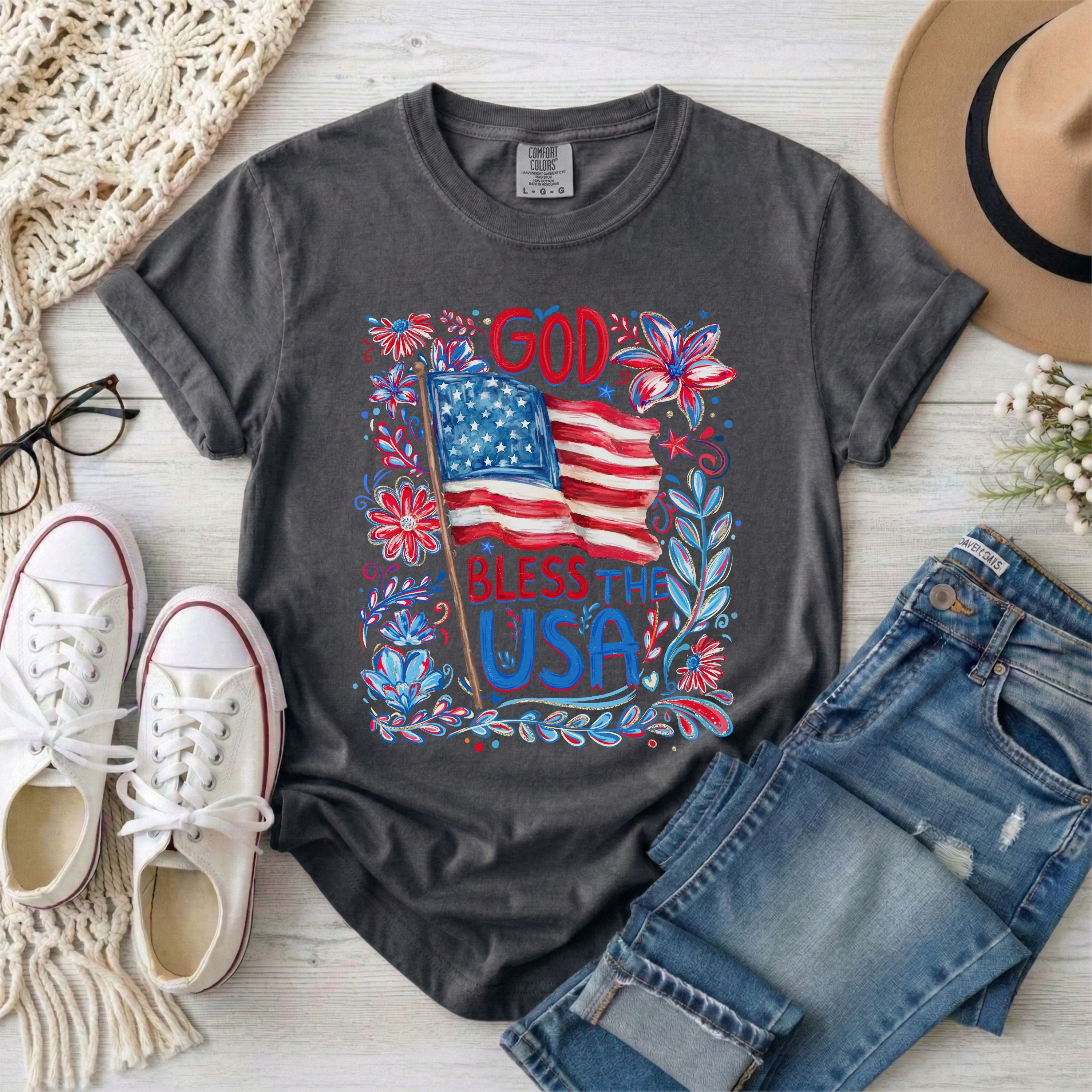 God Bless The USA Floral Patriotic T-Shirt