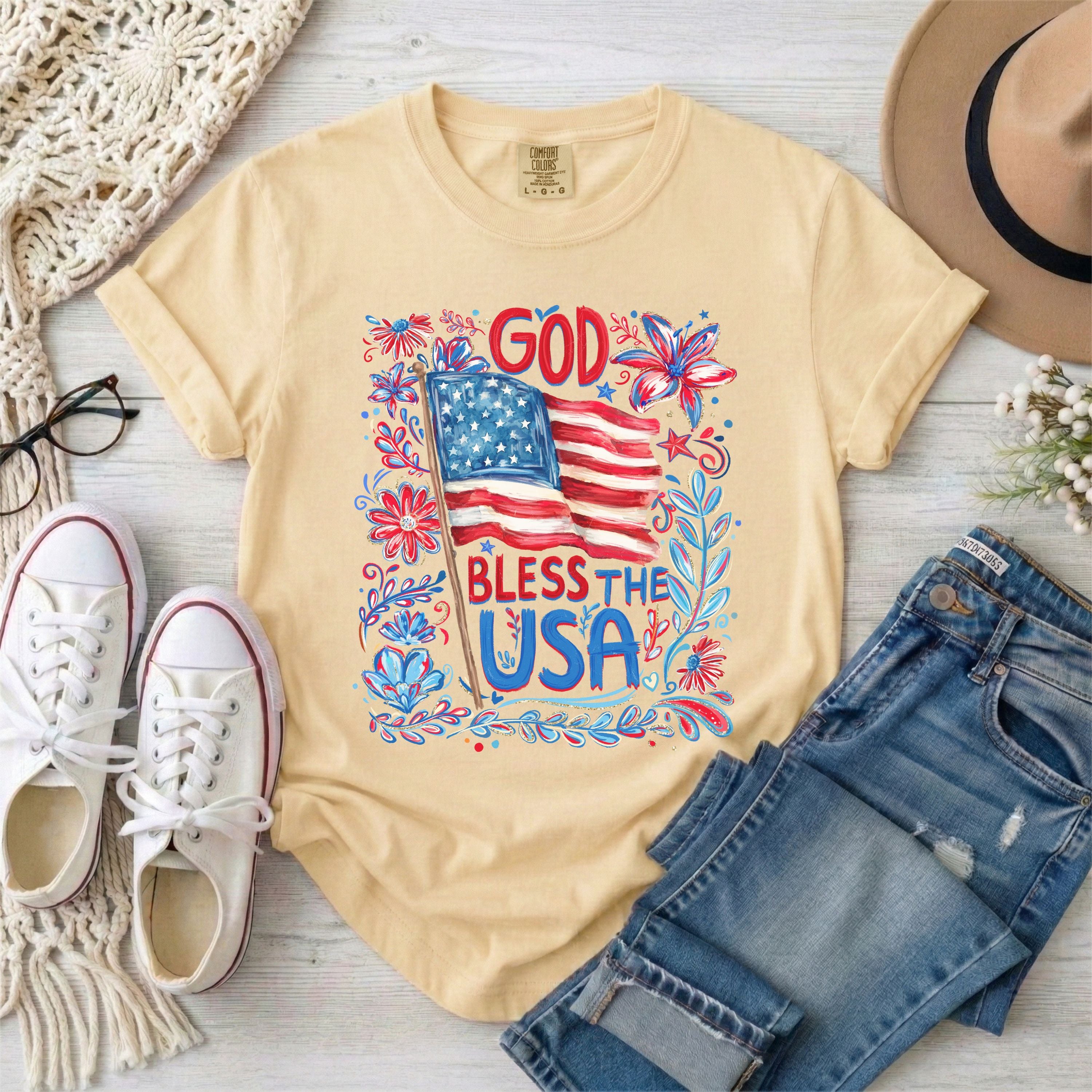 God Bless The USA Floral Patriotic T-Shirt