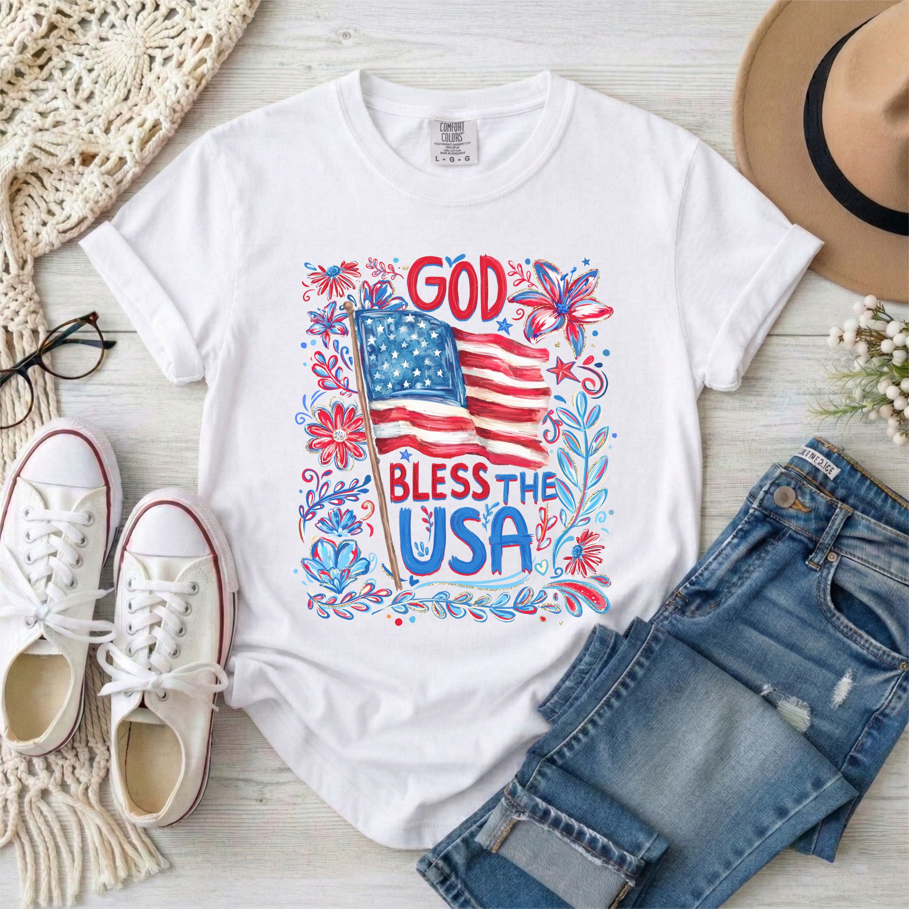 God Bless The USA Floral Patriotic T-Shirt