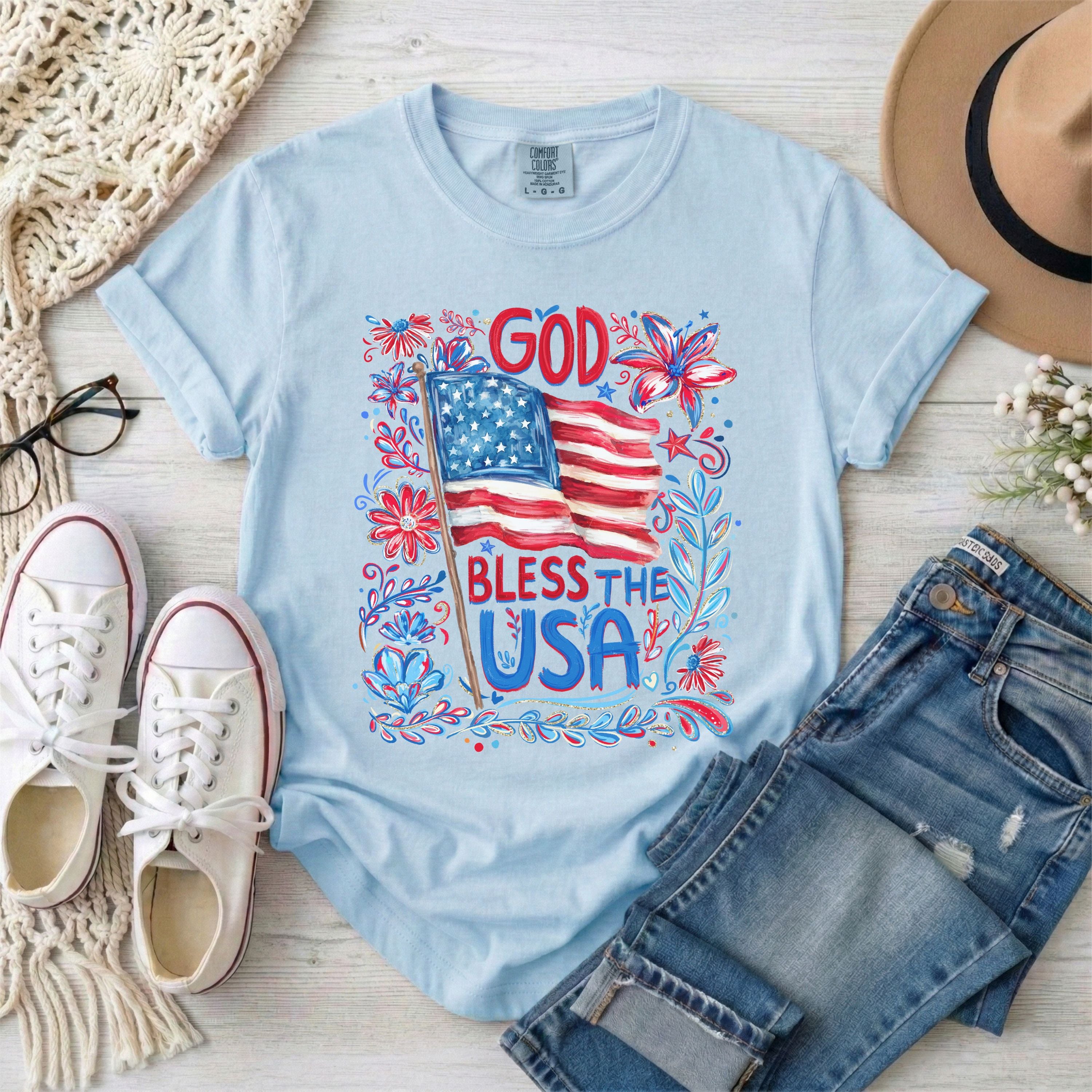 God Bless The USA Floral Patriotic T-Shirt