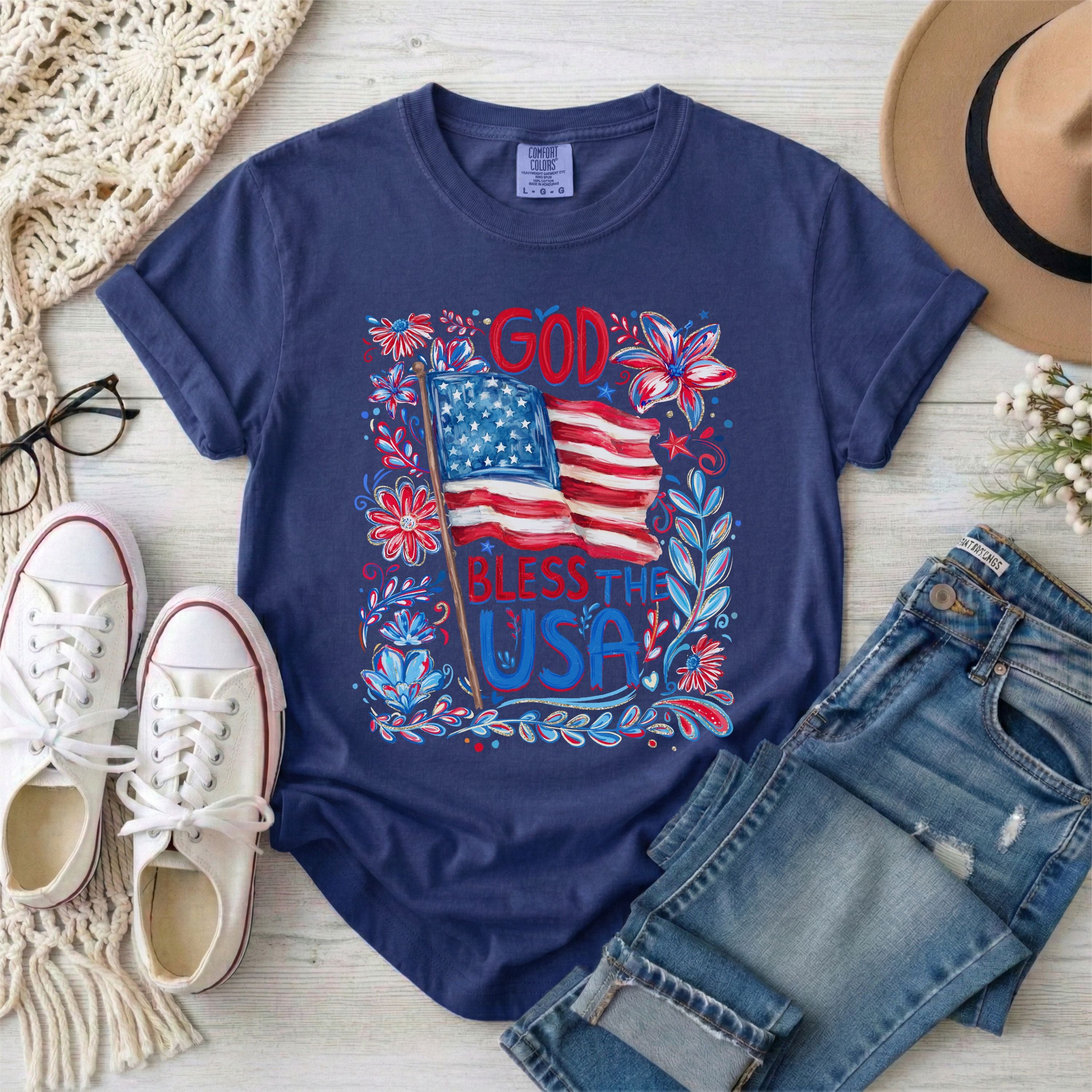 God Bless The USA Floral Patriotic T-Shirt