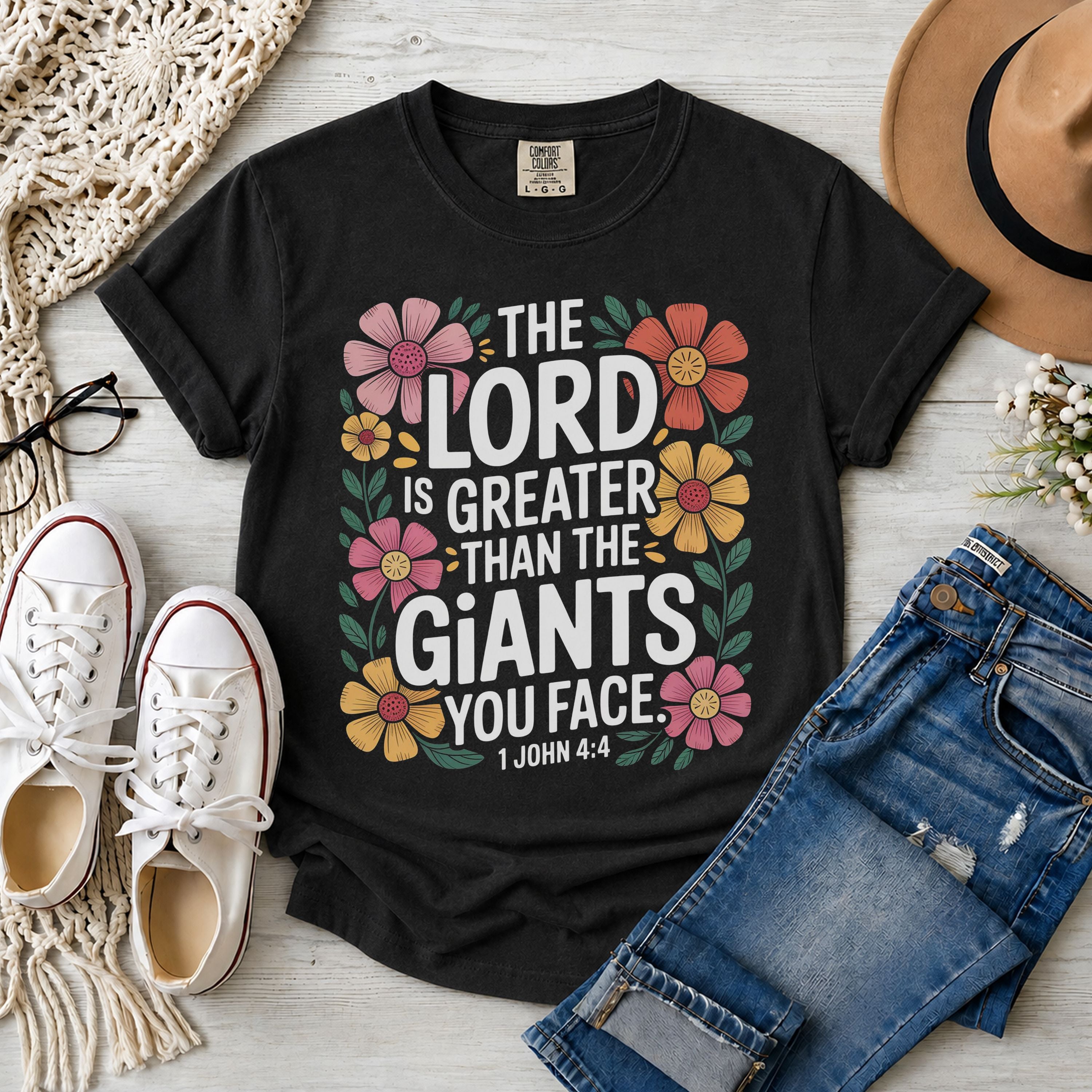 The Lord Is Greater Than The Giants You Face Shirt, 1 John 4:4 Floral T-Shirt