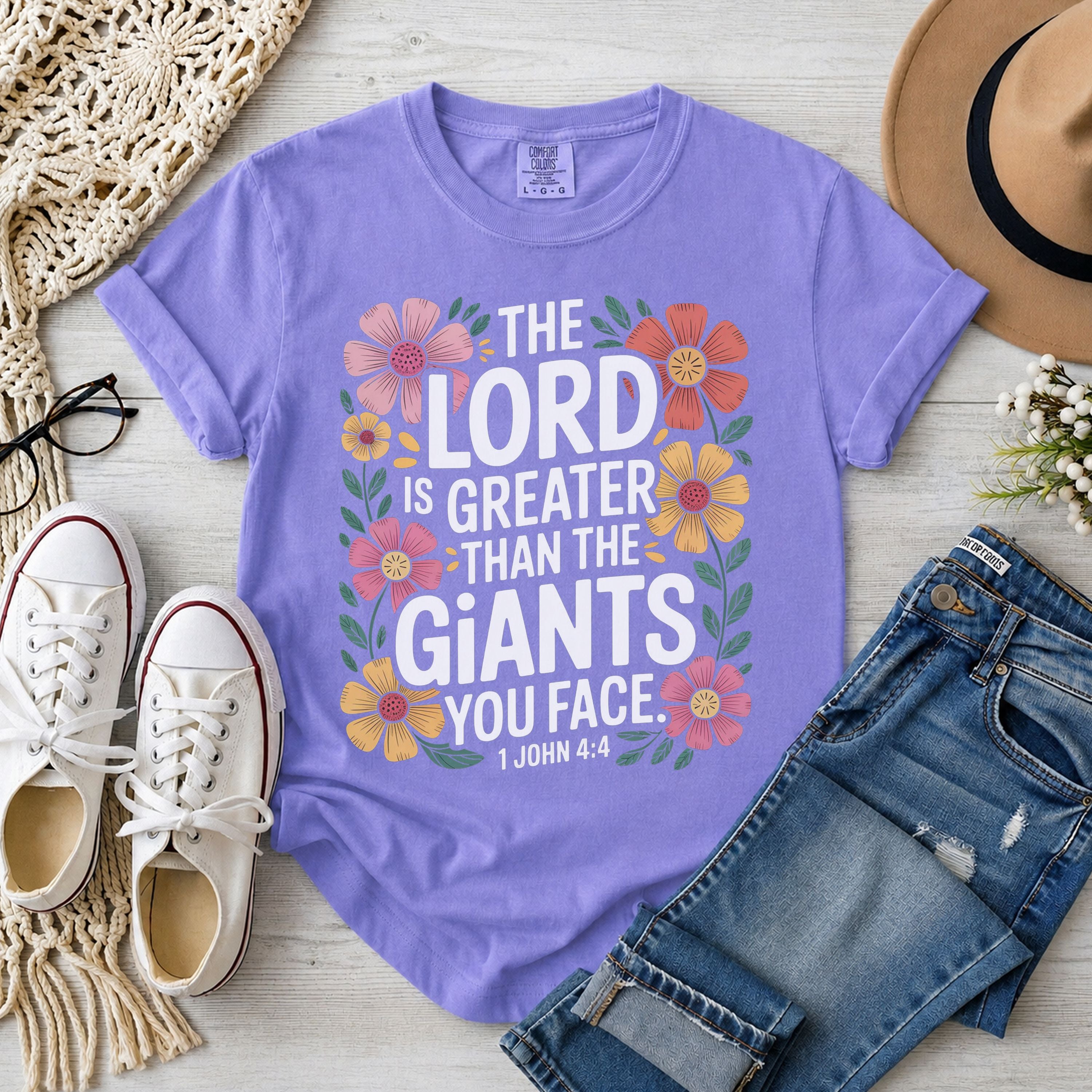 The Lord Is Greater Than The Giants You Face Shirt, 1 John 4:4 Floral T-Shirt
