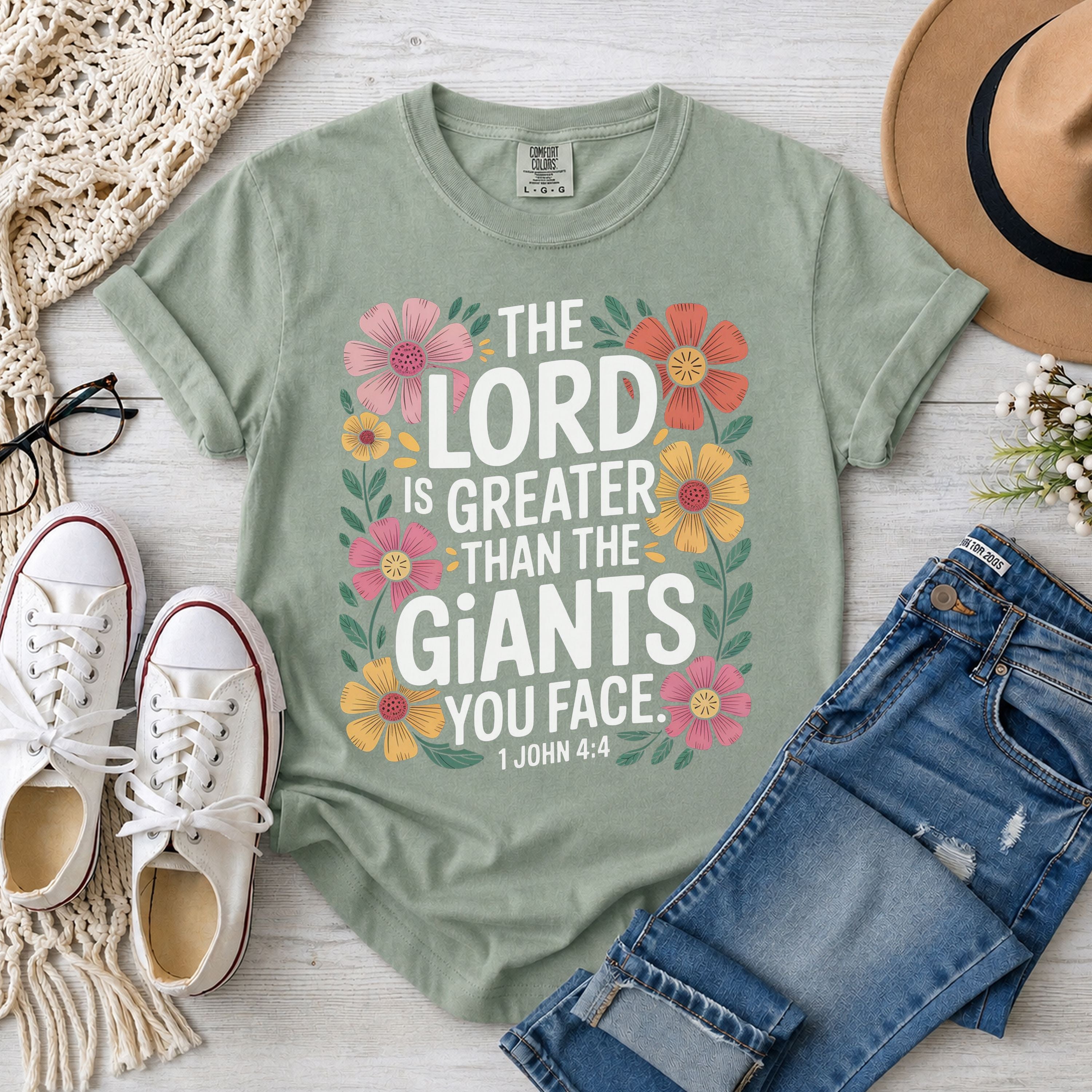 The Lord Is Greater Than The Giants You Face Shirt, 1 John 4:4 Floral T-Shirt
