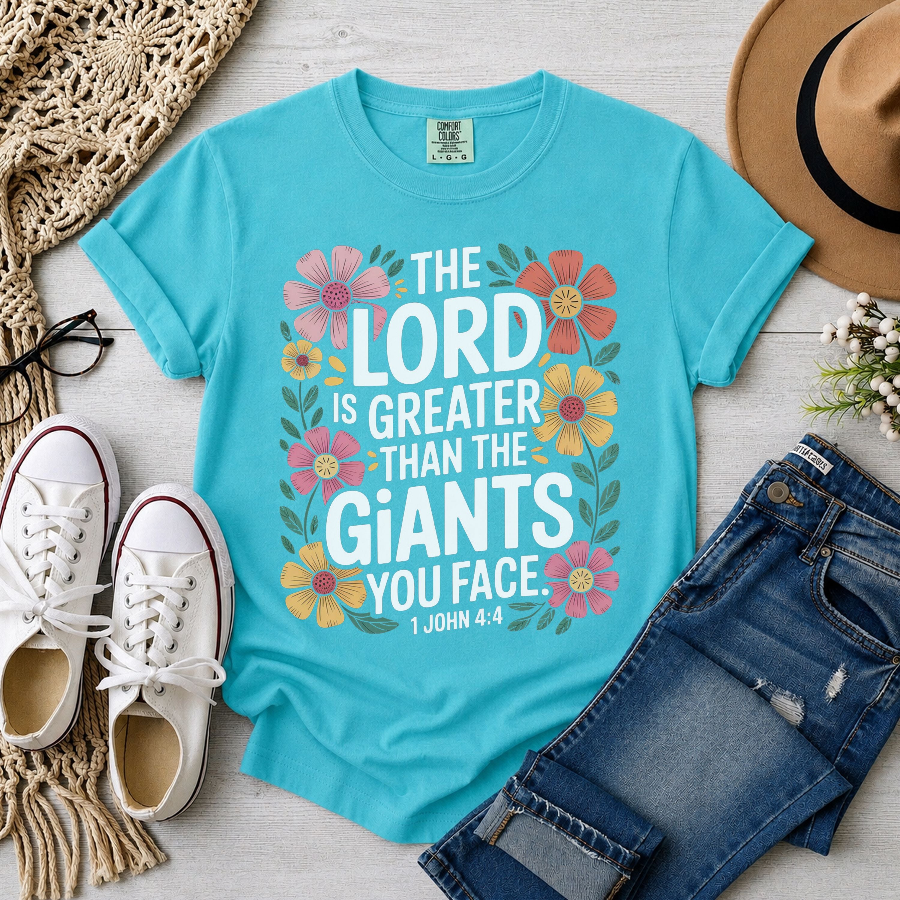 The Lord Is Greater Than The Giants You Face Shirt, 1 John 4:4 Floral T-Shirt