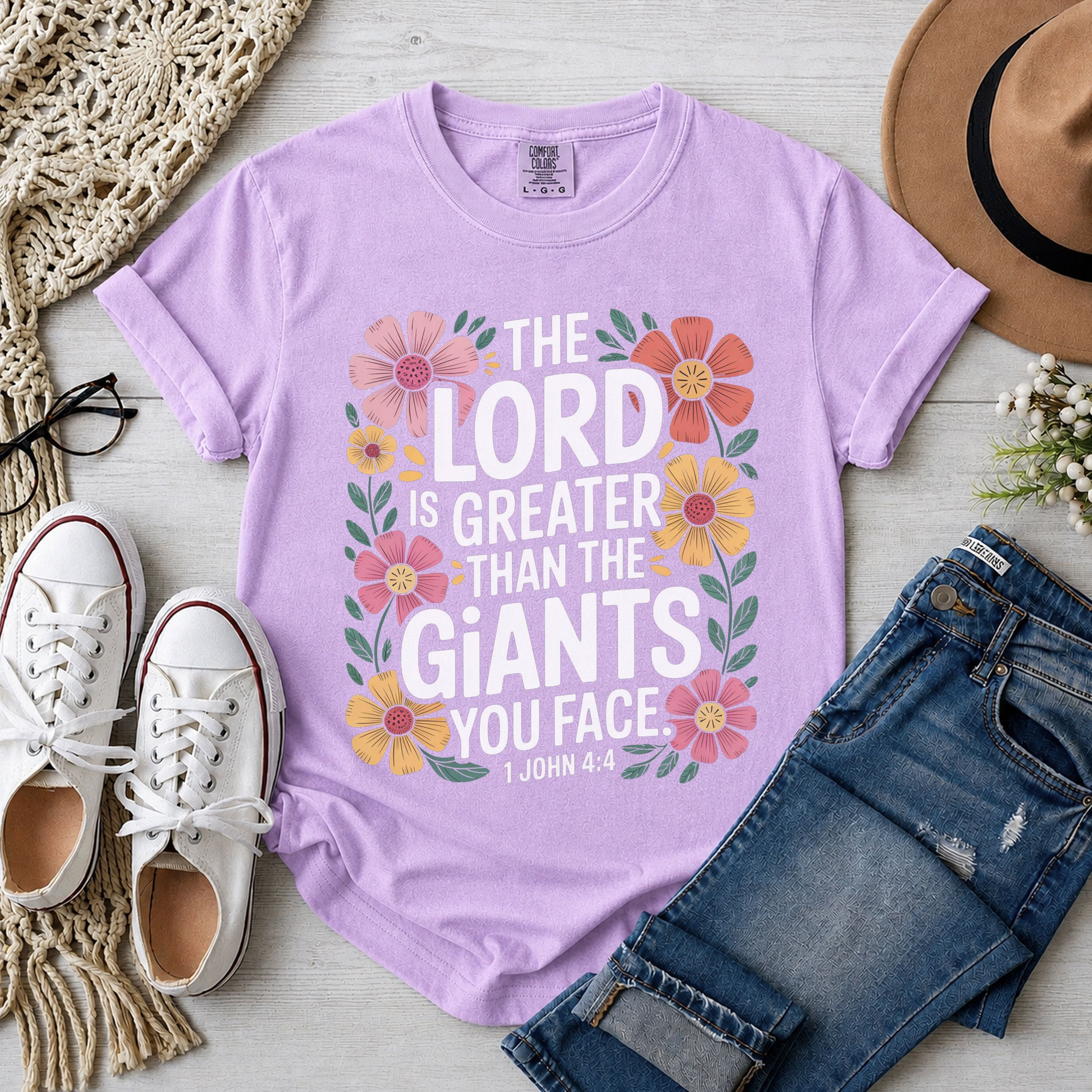 The Lord Is Greater Than The Giants You Face Shirt, 1 John 4:4 Floral T-Shirt
