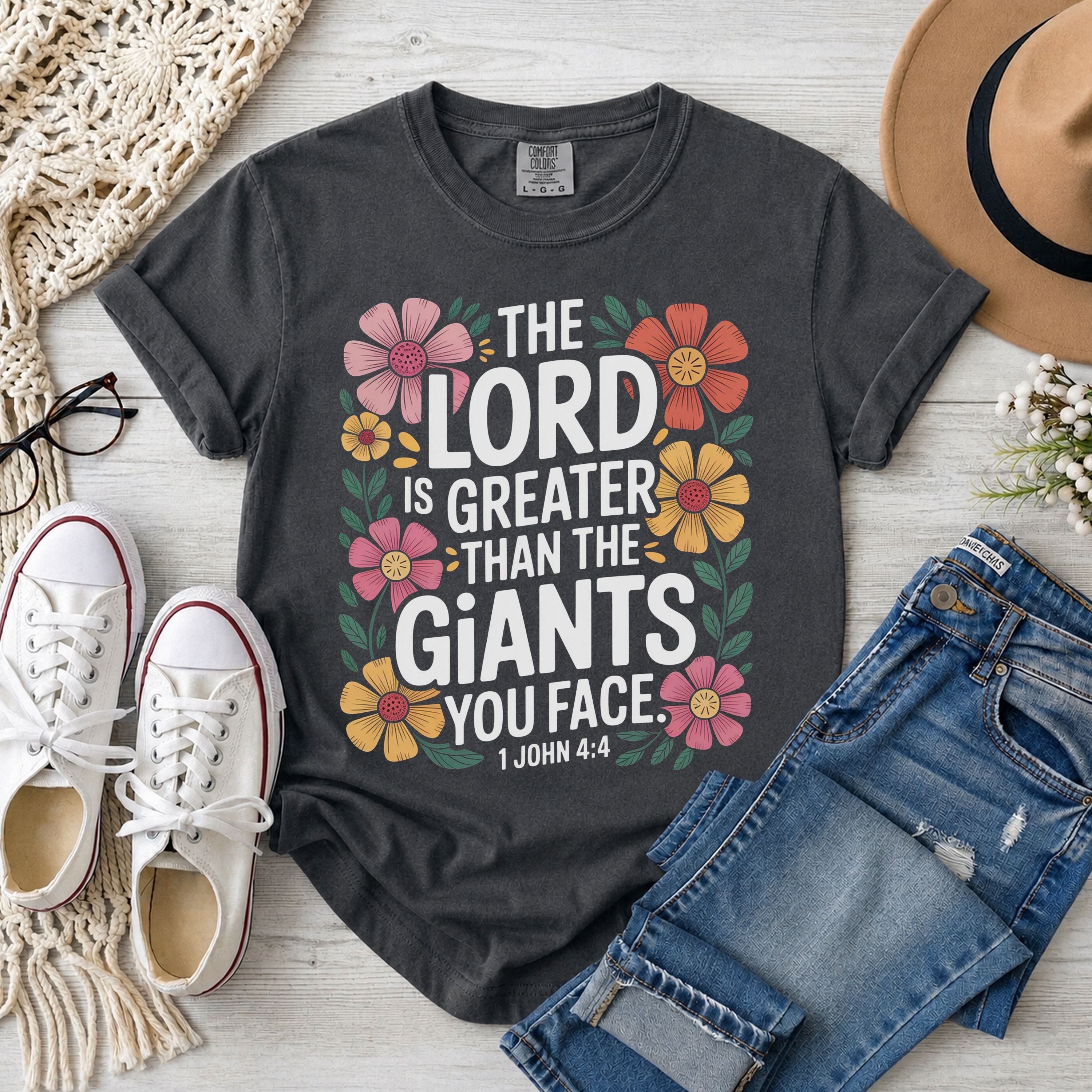 The Lord Is Greater Than The Giants You Face Shirt, 1 John 4:4 Floral T-Shirt